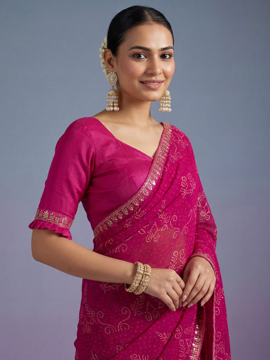 Rani Pink Pure Georgette Saree with Mukaish Work and Sequins Border - Ressa