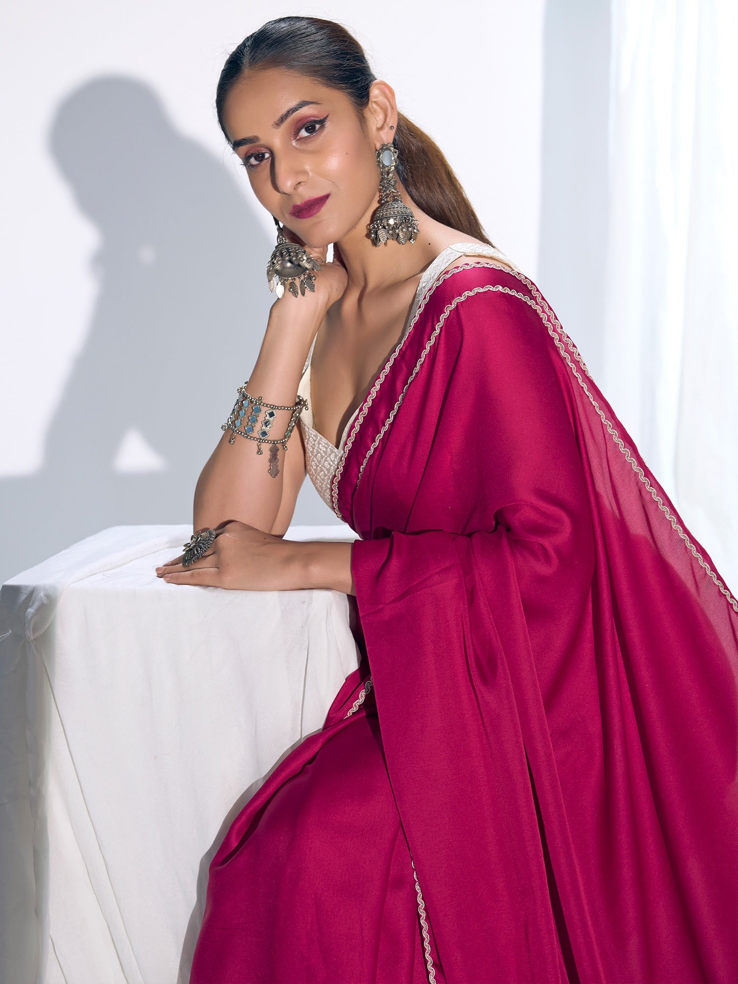 Rani Pink Satin Saree with Embroidered Blouse - Ressa