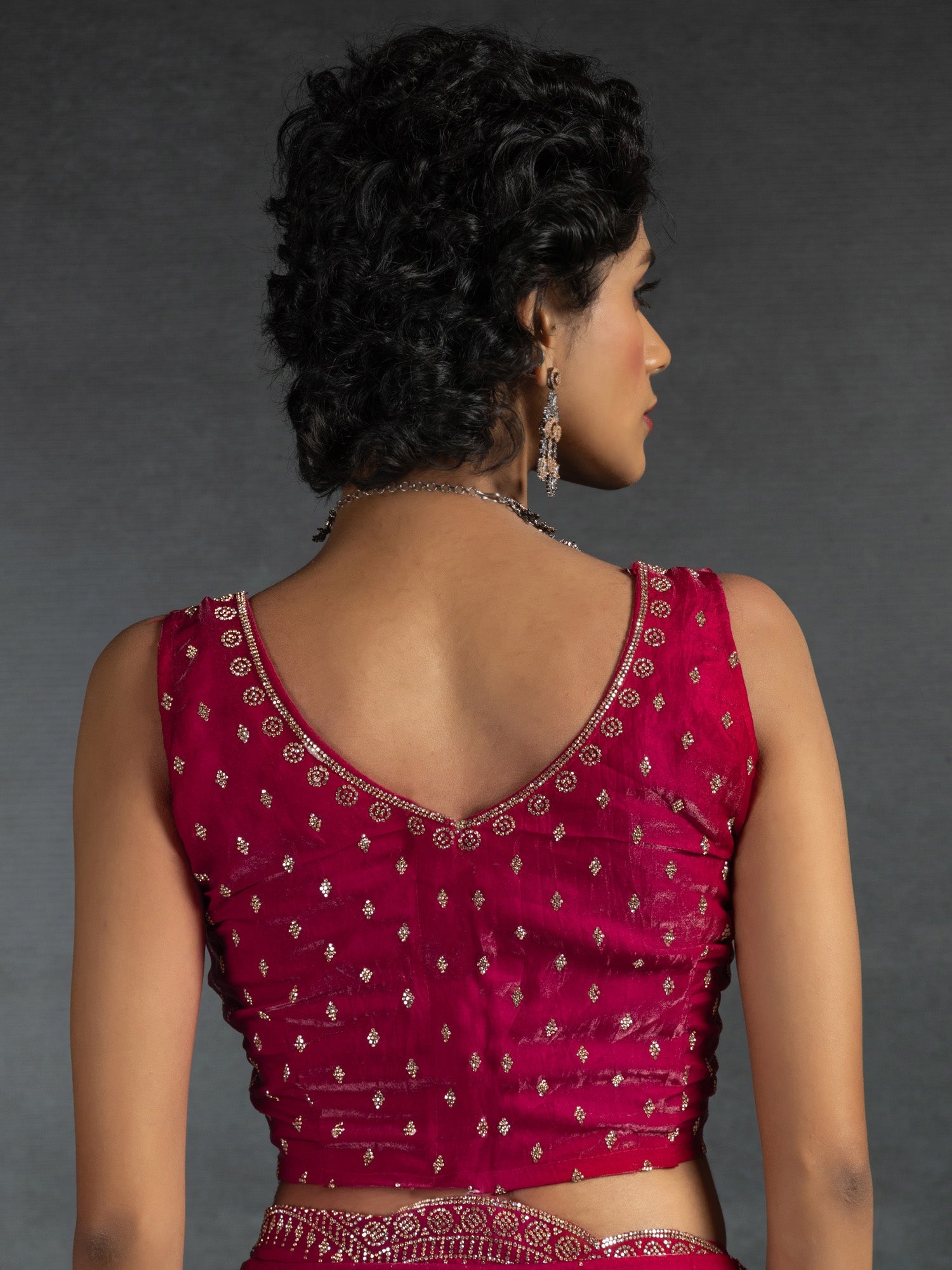 Rani pink Satin Stone Work Saree - Ressa