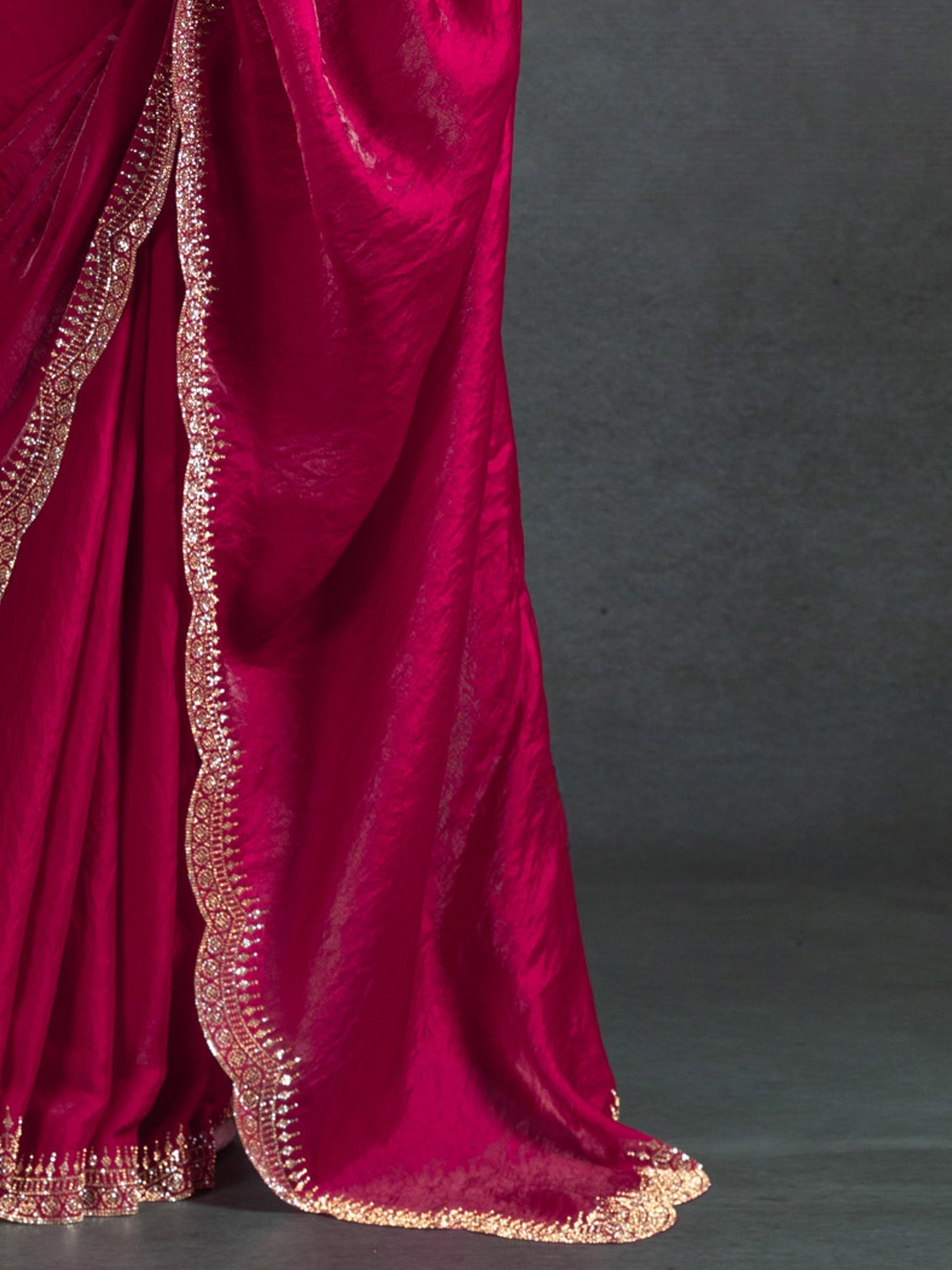 Rani pink Satin Stone Work Saree - Ressa