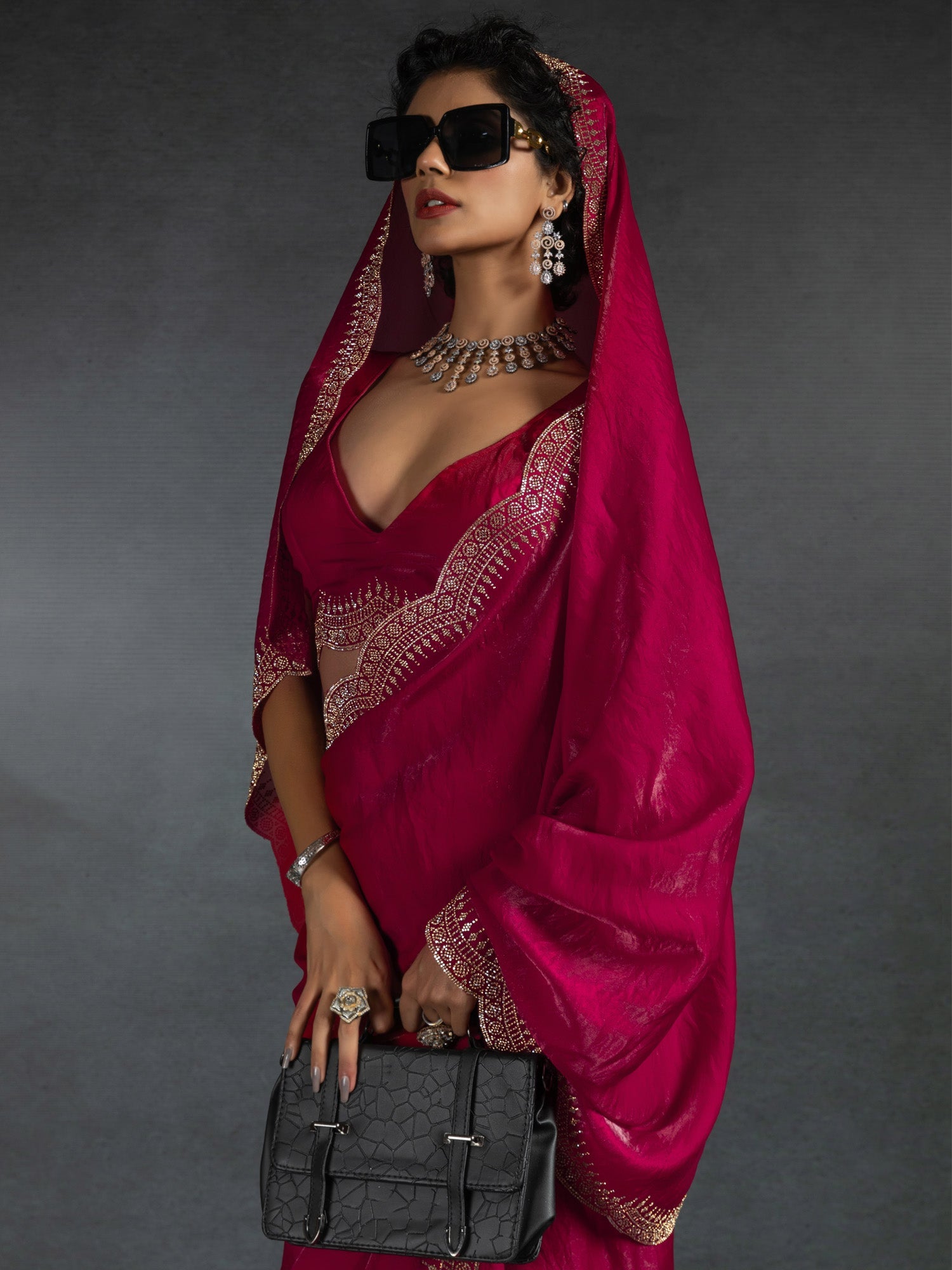 Rani pink Satin Stone Work Saree - Ressa