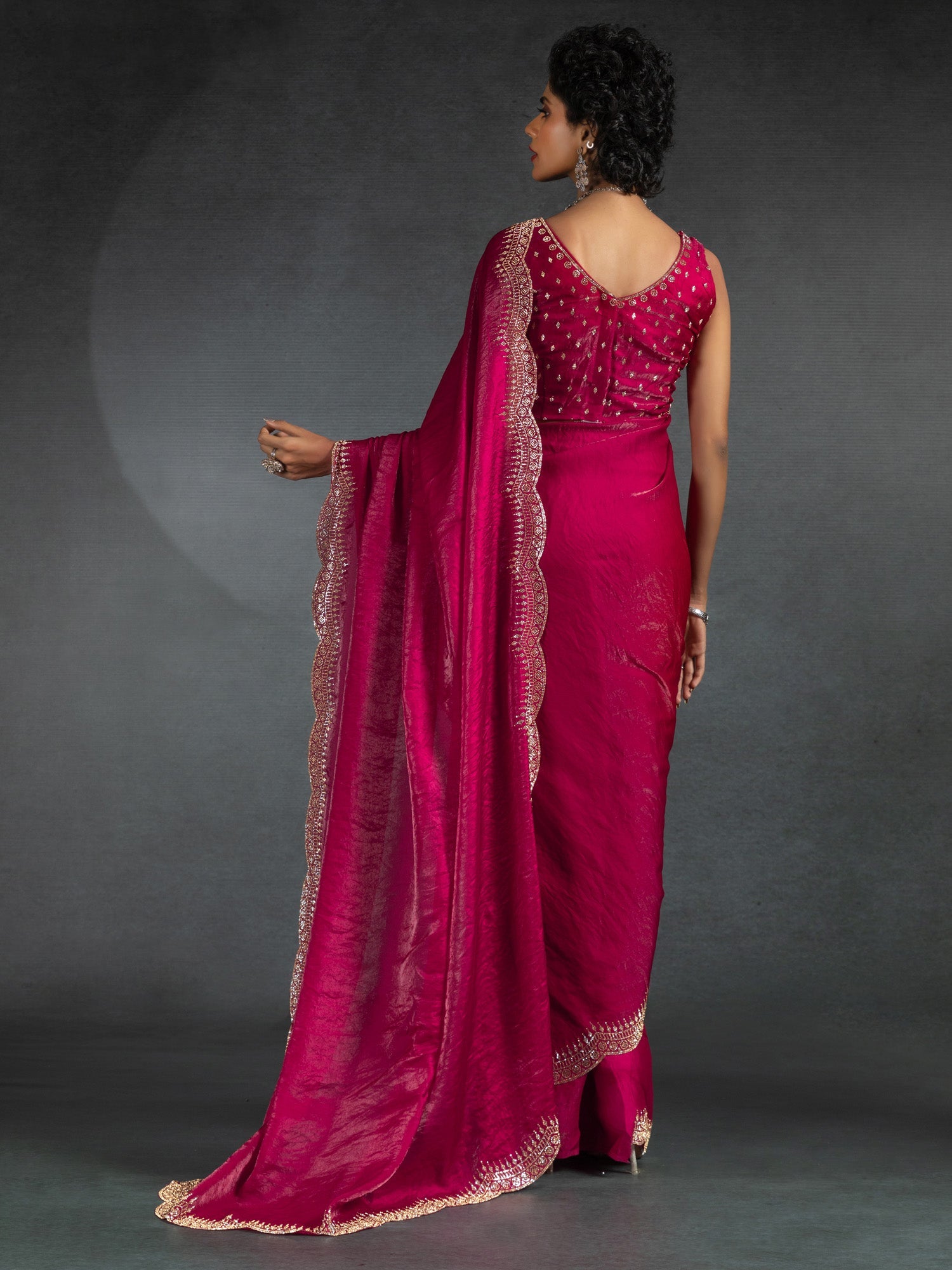 Rani pink Satin Stone Work Saree - Ressa