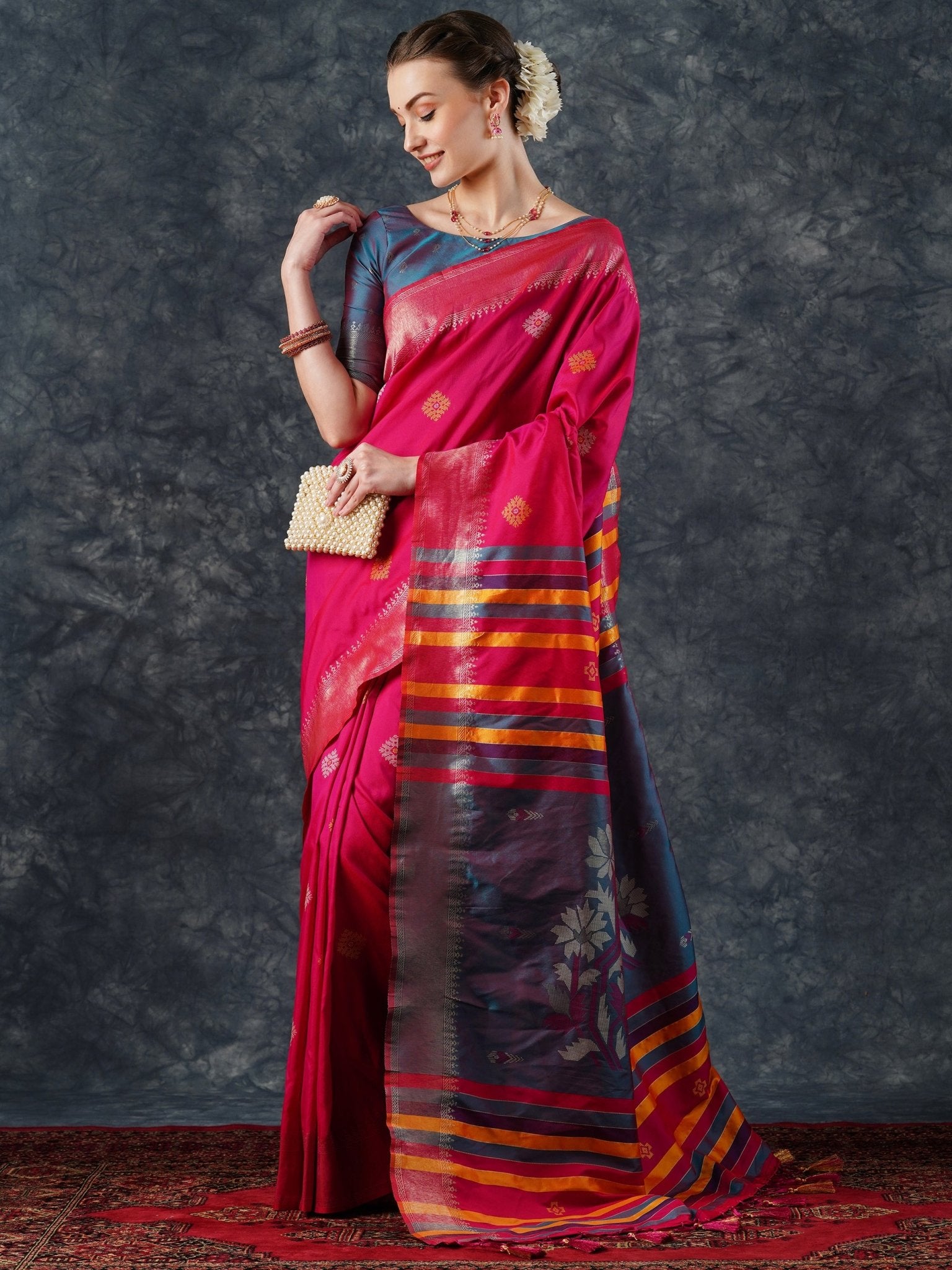 Rani Pink Silk Saree with Multicolor Woven Border - Ressa