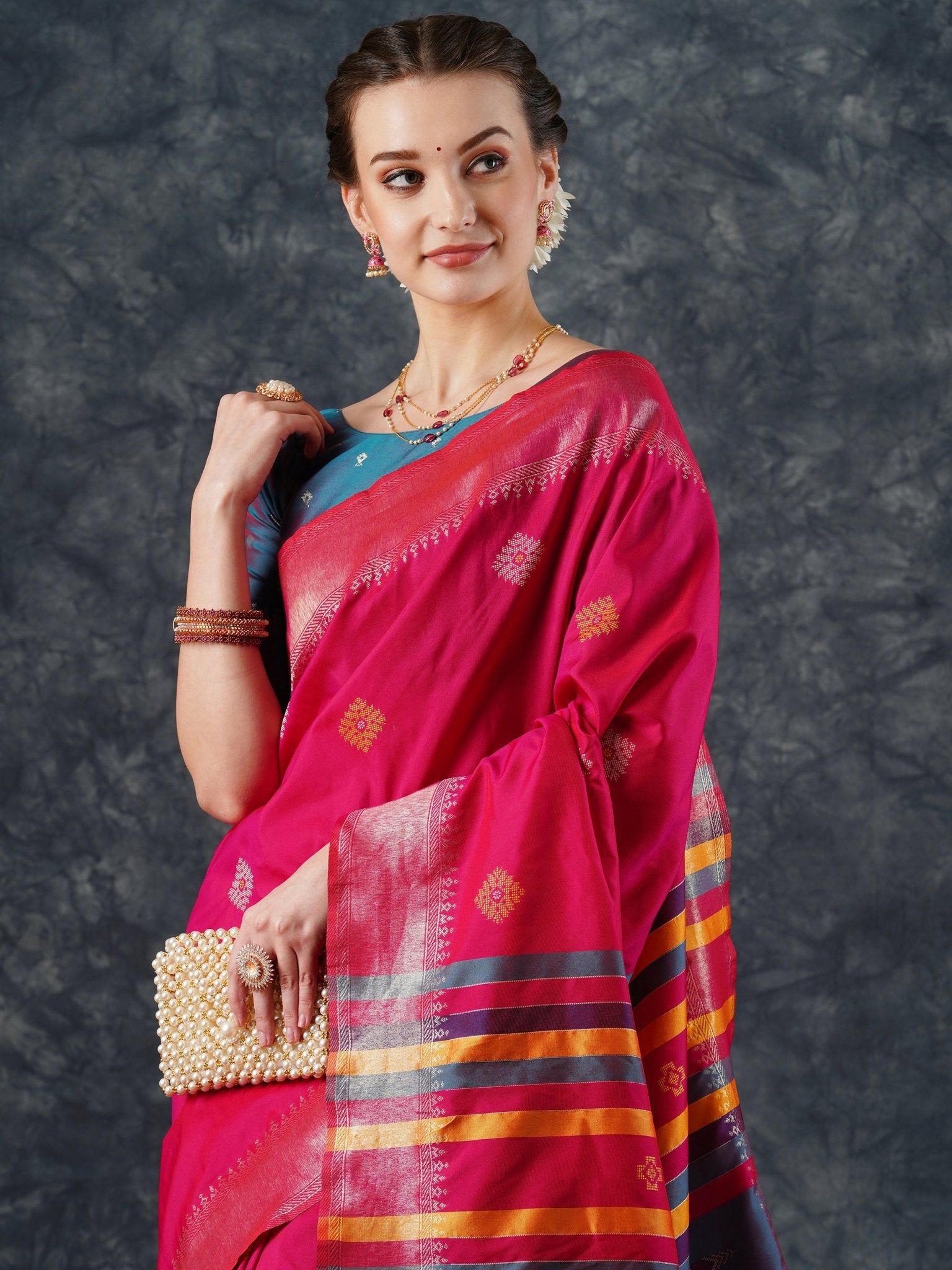 Rani Pink Silk Saree with Multicolor Woven Border - Ressa