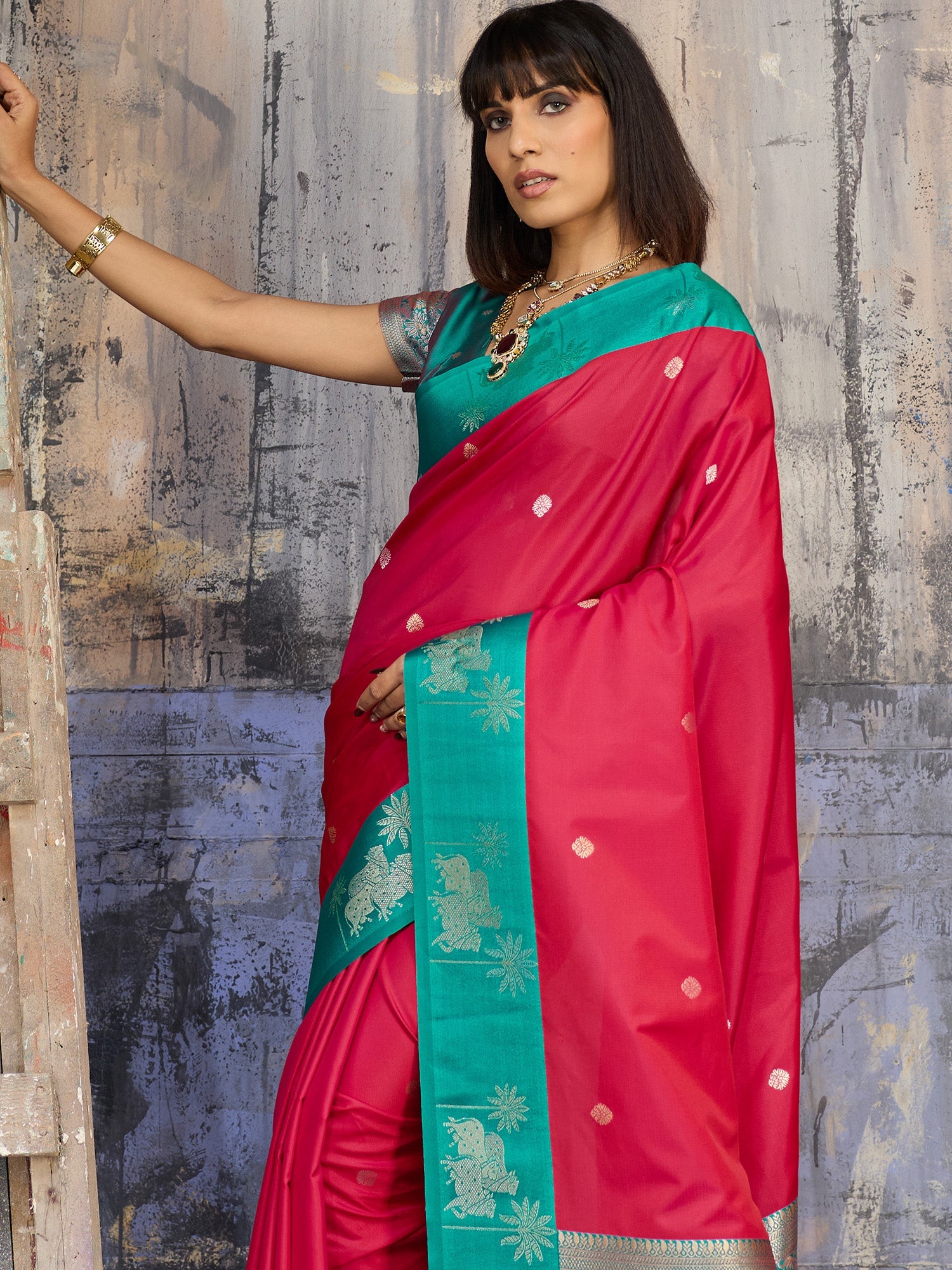Rani Pink & Teal Banarasi Silk Blend Saree - Ressa