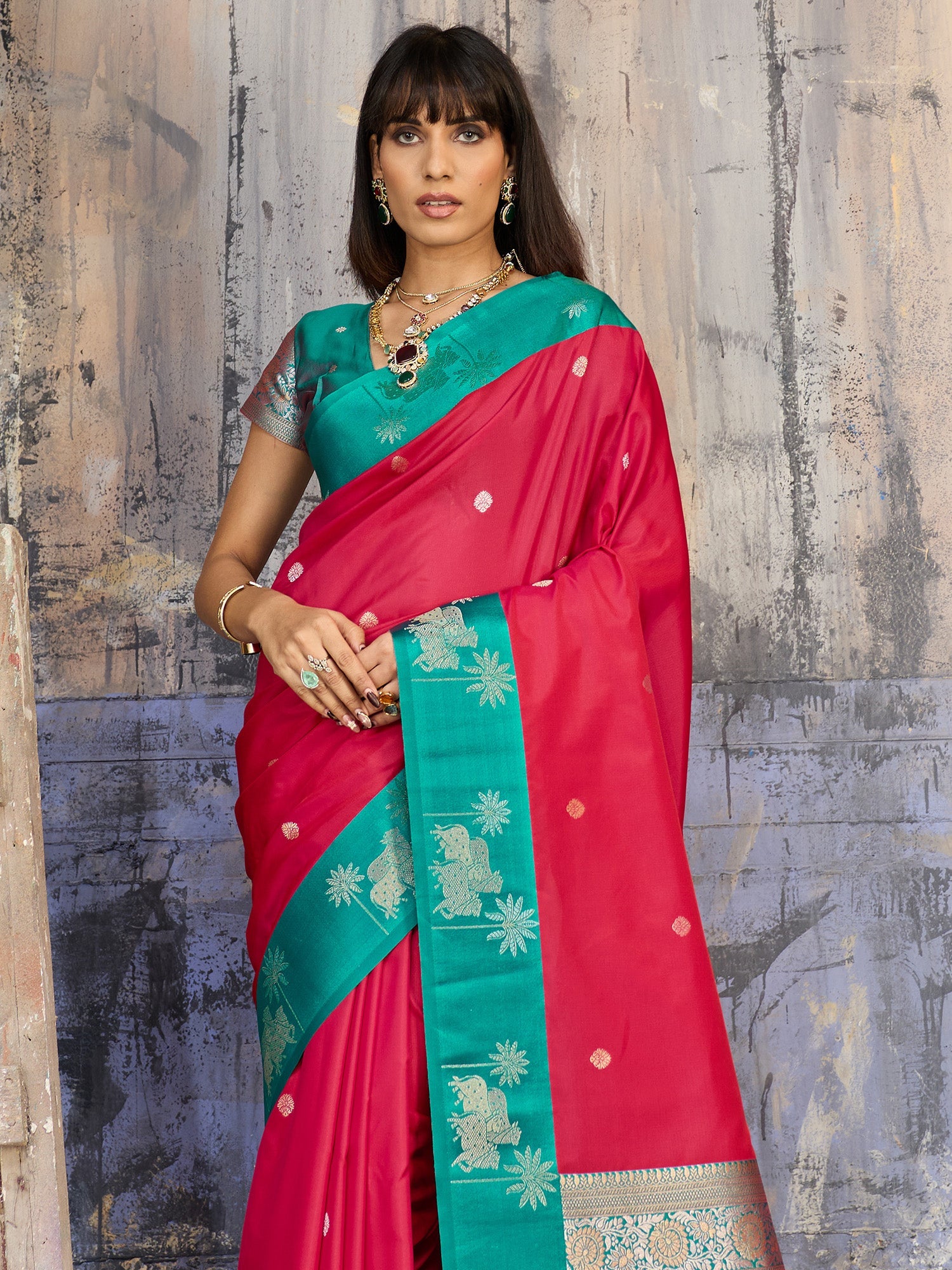 Rani Pink & Teal Banarasi Silk Blend Saree - Ressa