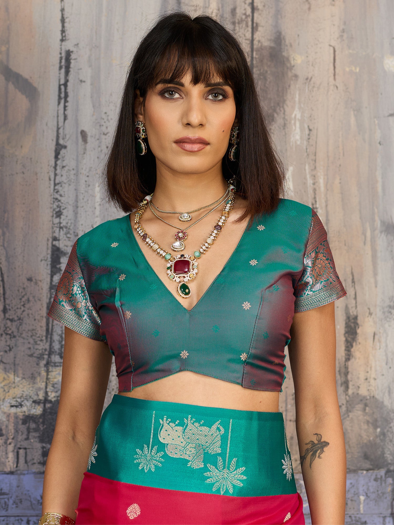 Rani Pink & Teal Banarasi Silk Blend Saree - Ressa