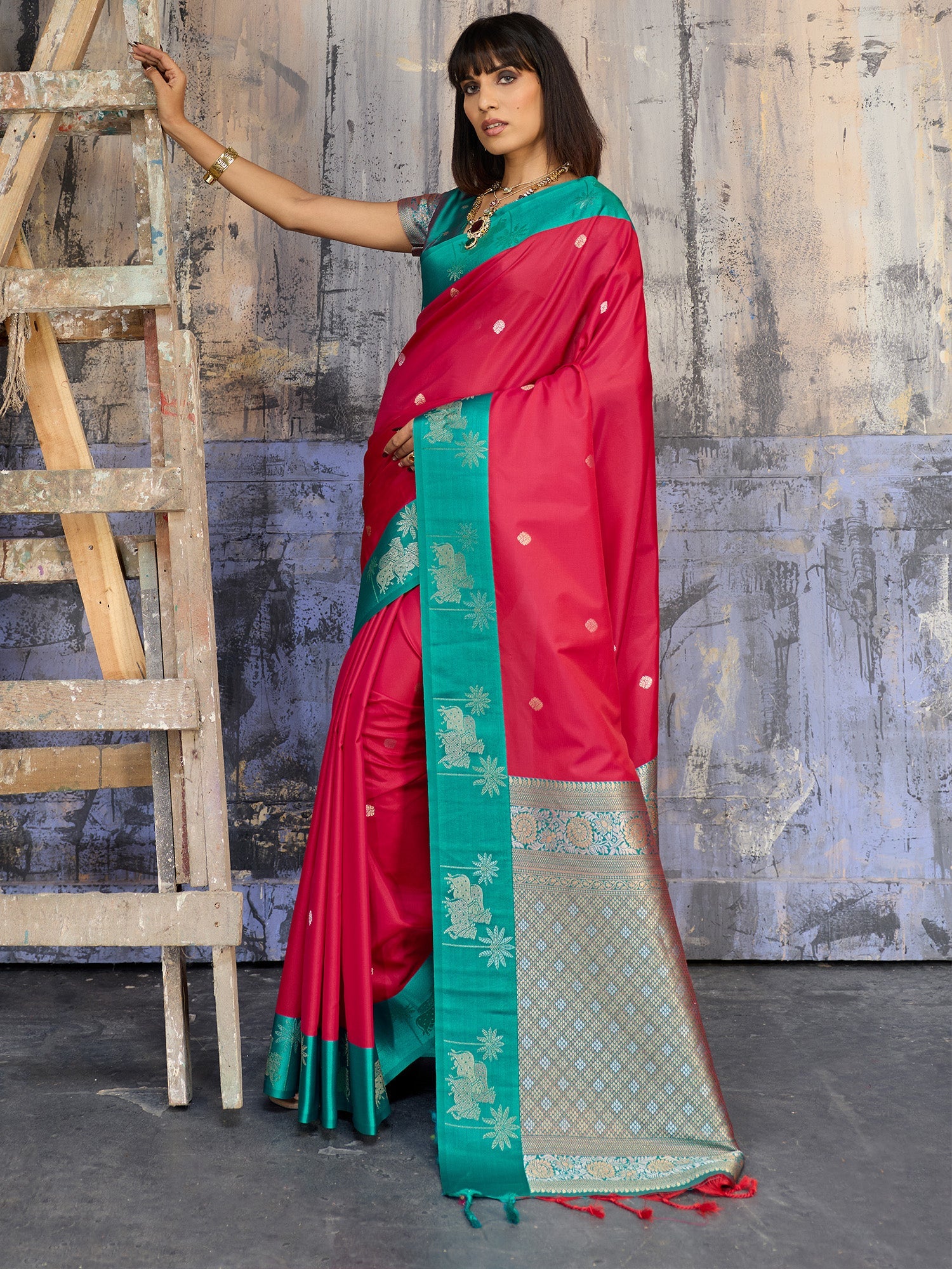 Rani Pink & Teal Banarasi Silk Blend Saree - Ressa