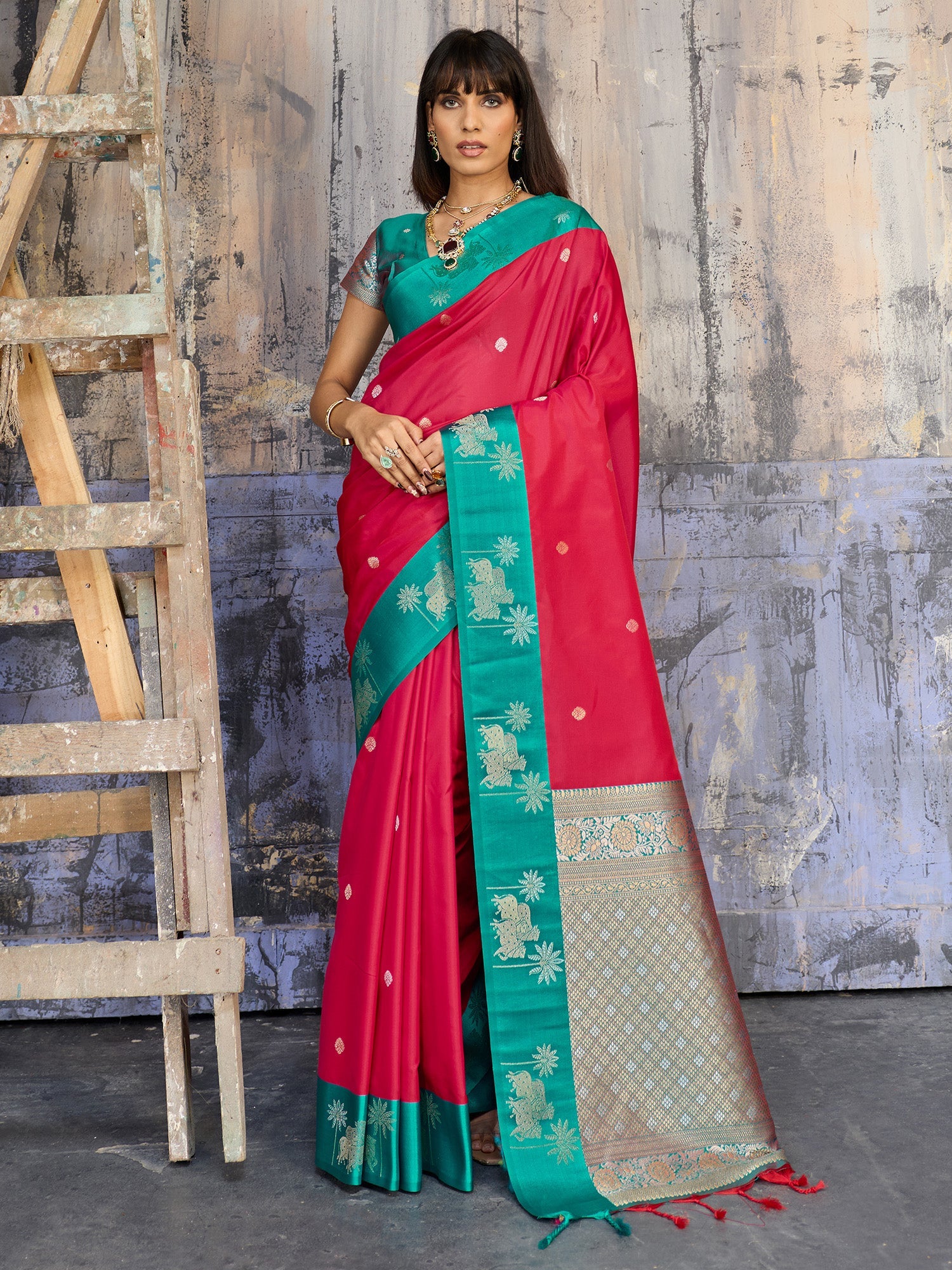 Rani Pink & Teal Banarasi Silk Blend Saree - Ressa