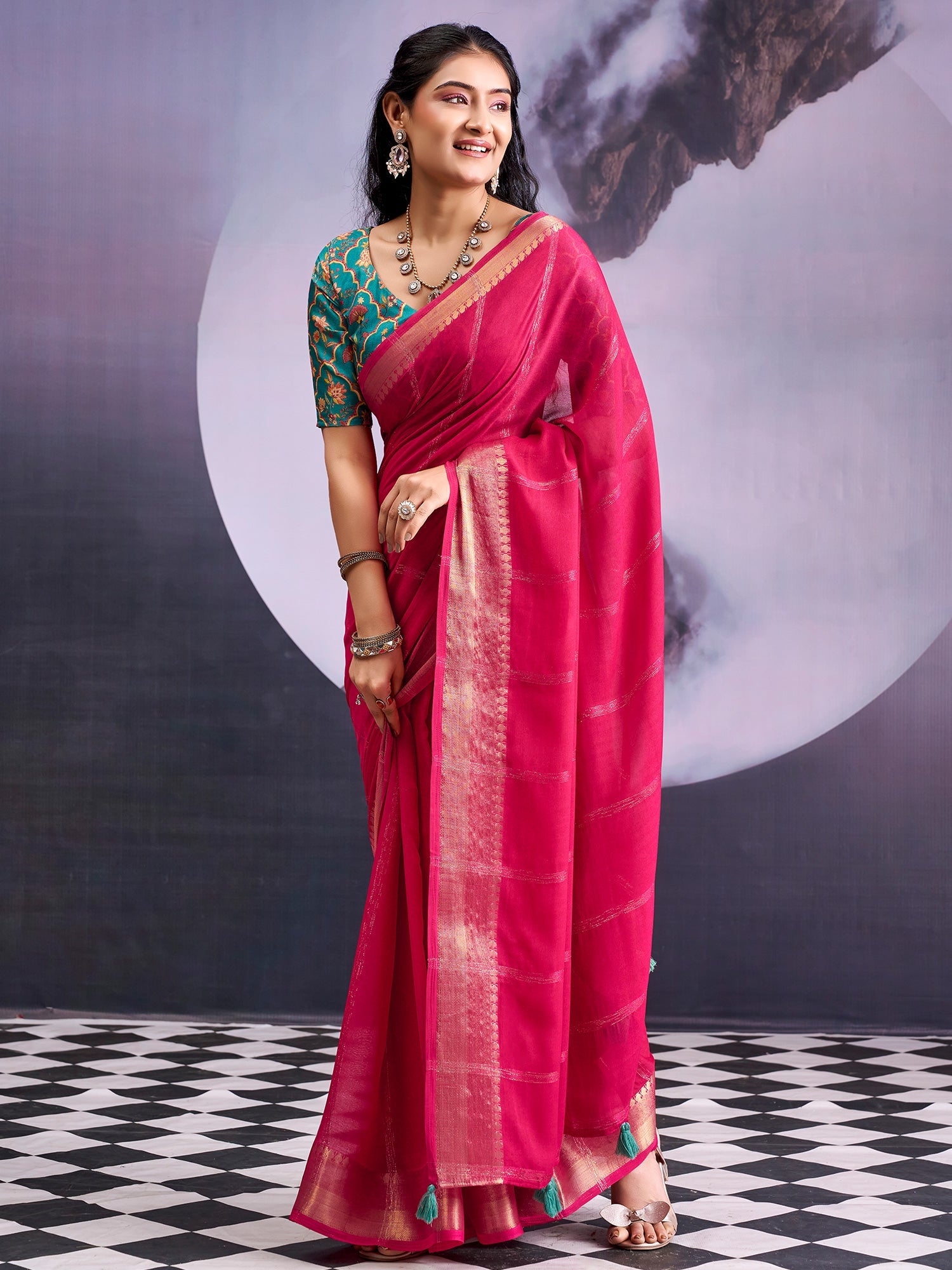 Rani Pink Tissue Silk Saree with Zari Stripes - Ressa