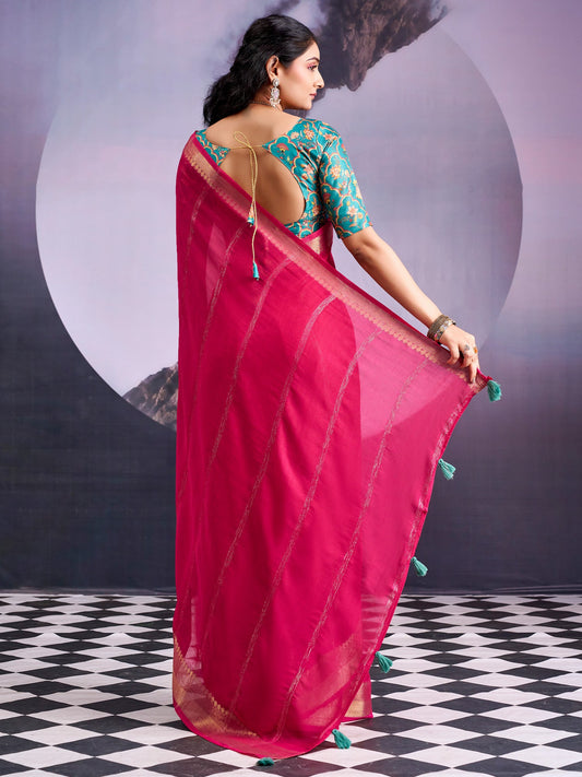 Rani Pink Tissue Silk Saree with Zari Stripes - Ressa