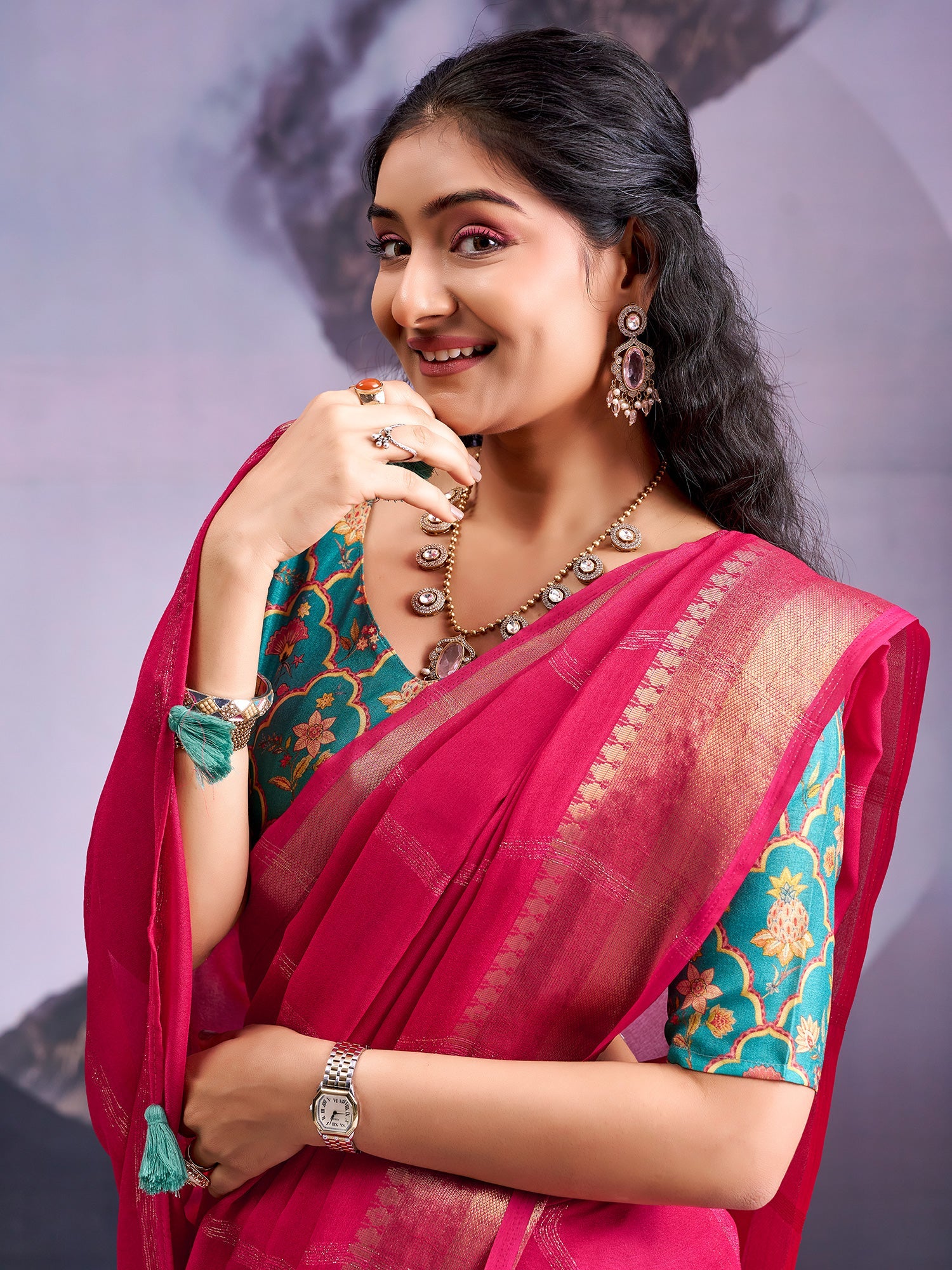 Rani Pink Tissue Silk Saree with Zari Stripes - Ressa