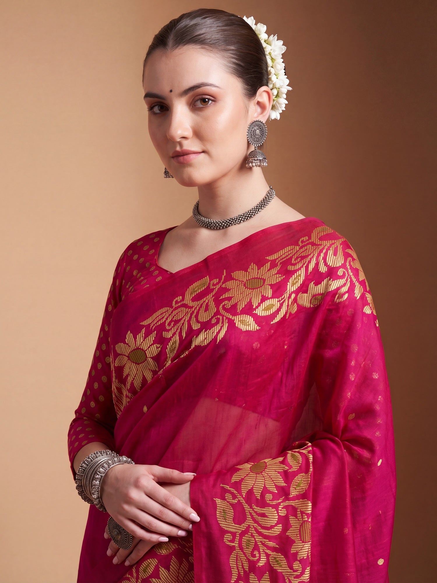 Rani Pink Tussar Silk Madhubani Inspired Floral Print Saree - Ressa
