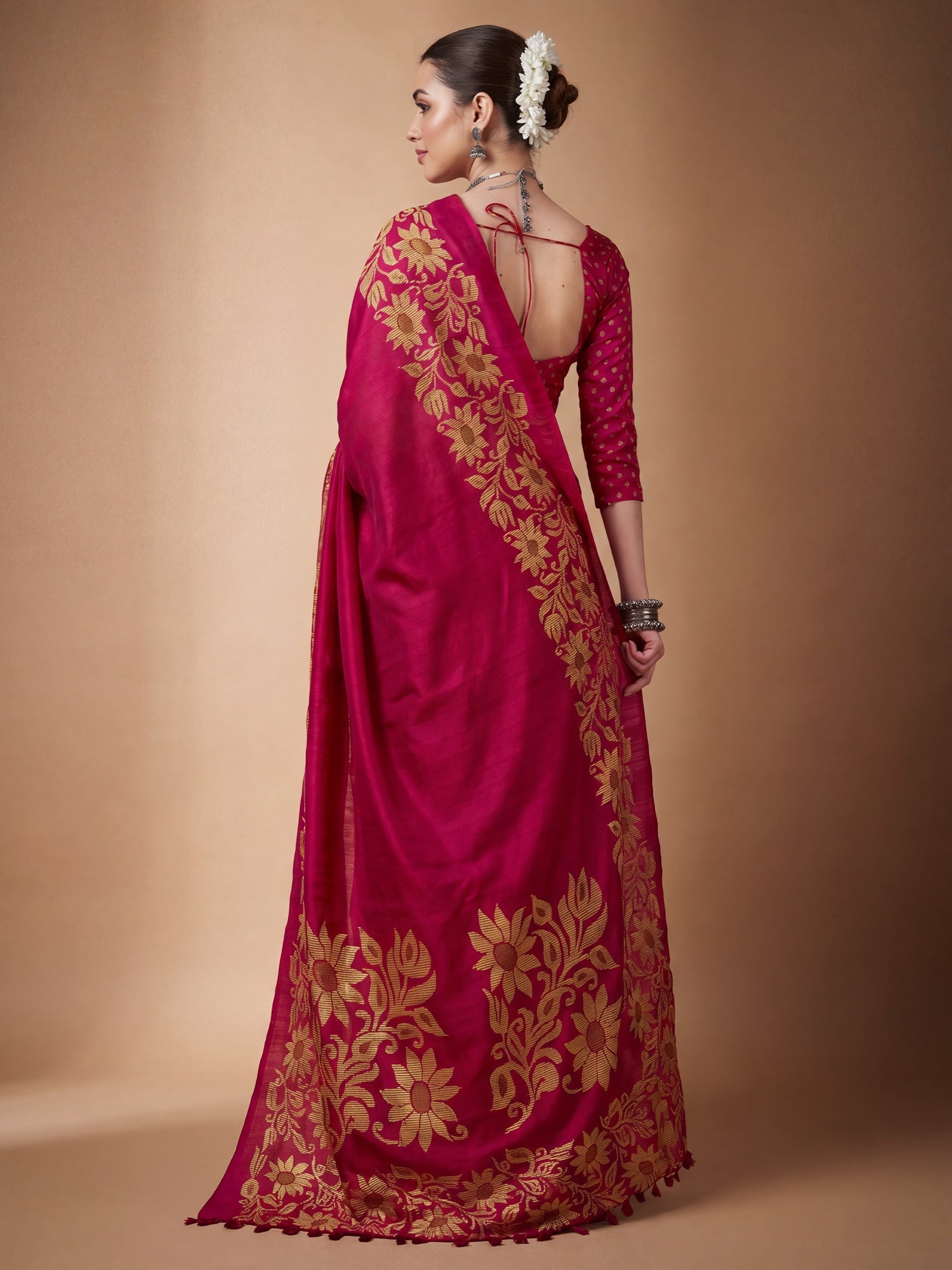 Rani Pink Tussar Silk Madhubani Inspired Floral Print Saree - Ressa