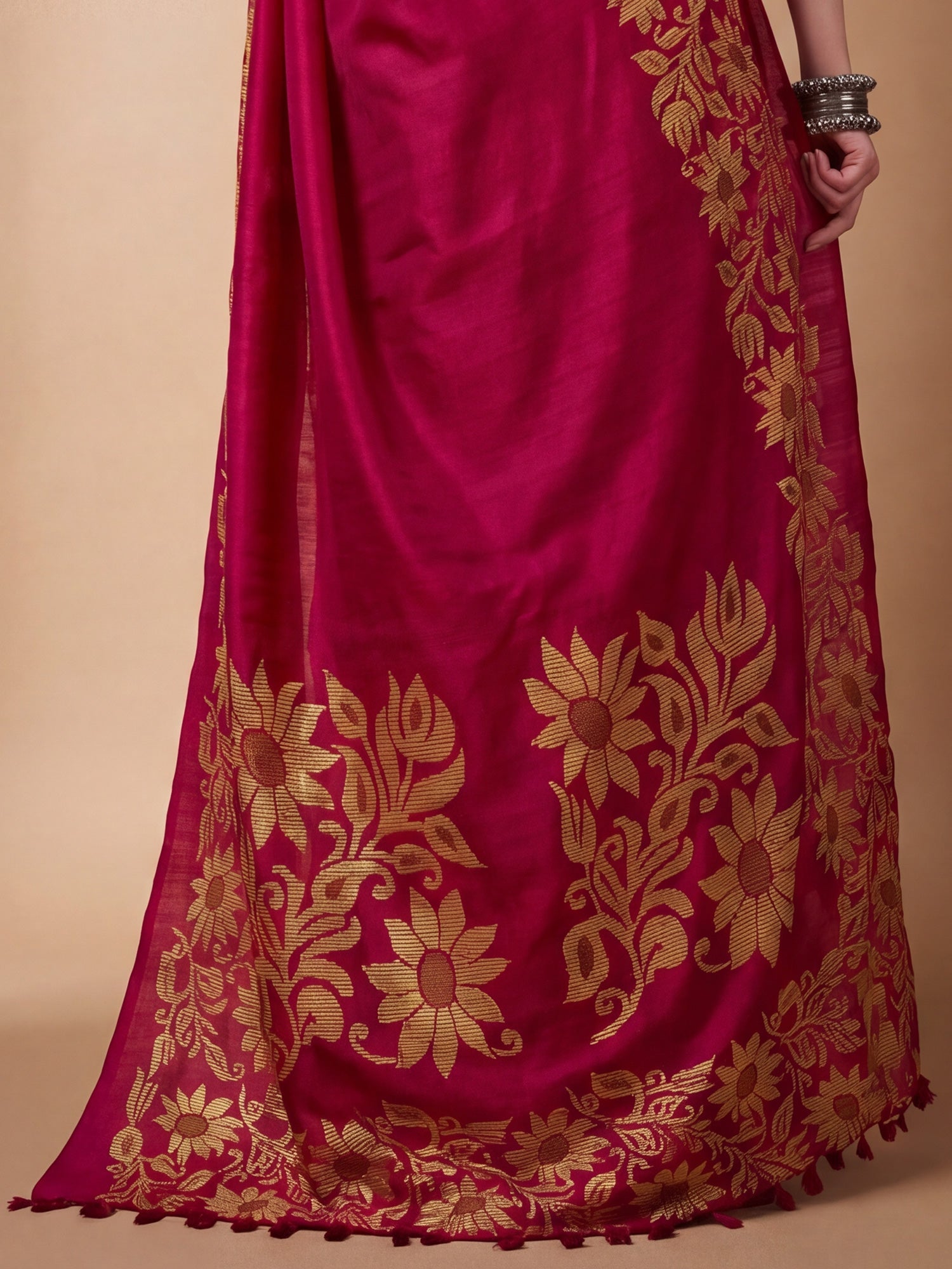Rani Pink Tussar Silk Madhubani Inspired Floral Print Saree - Ressa