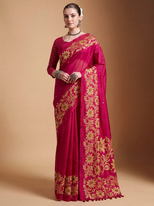 Rani Pink Tussar Silk Madhubani Inspired Floral Print Saree - Ressa