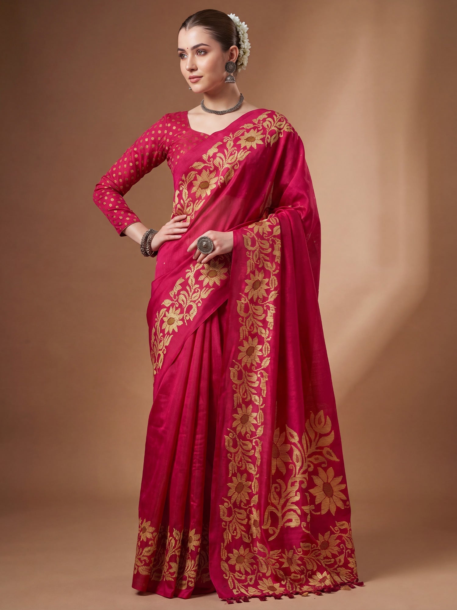 Rani Pink Tussar Silk Madhubani Inspired Floral Print Saree - Ressa