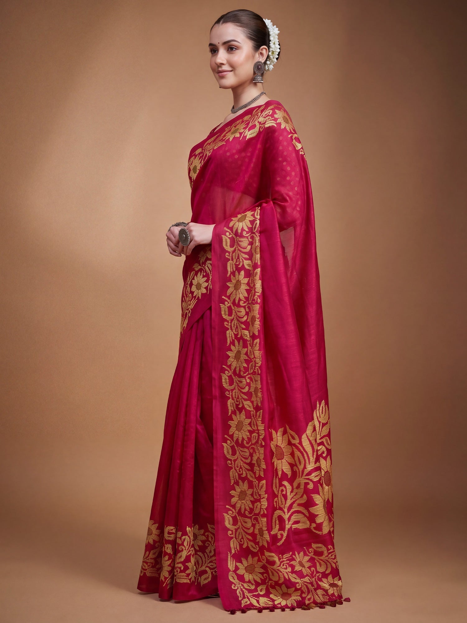 Rani Pink Tussar Silk Madhubani Inspired Floral Print Saree - Ressa