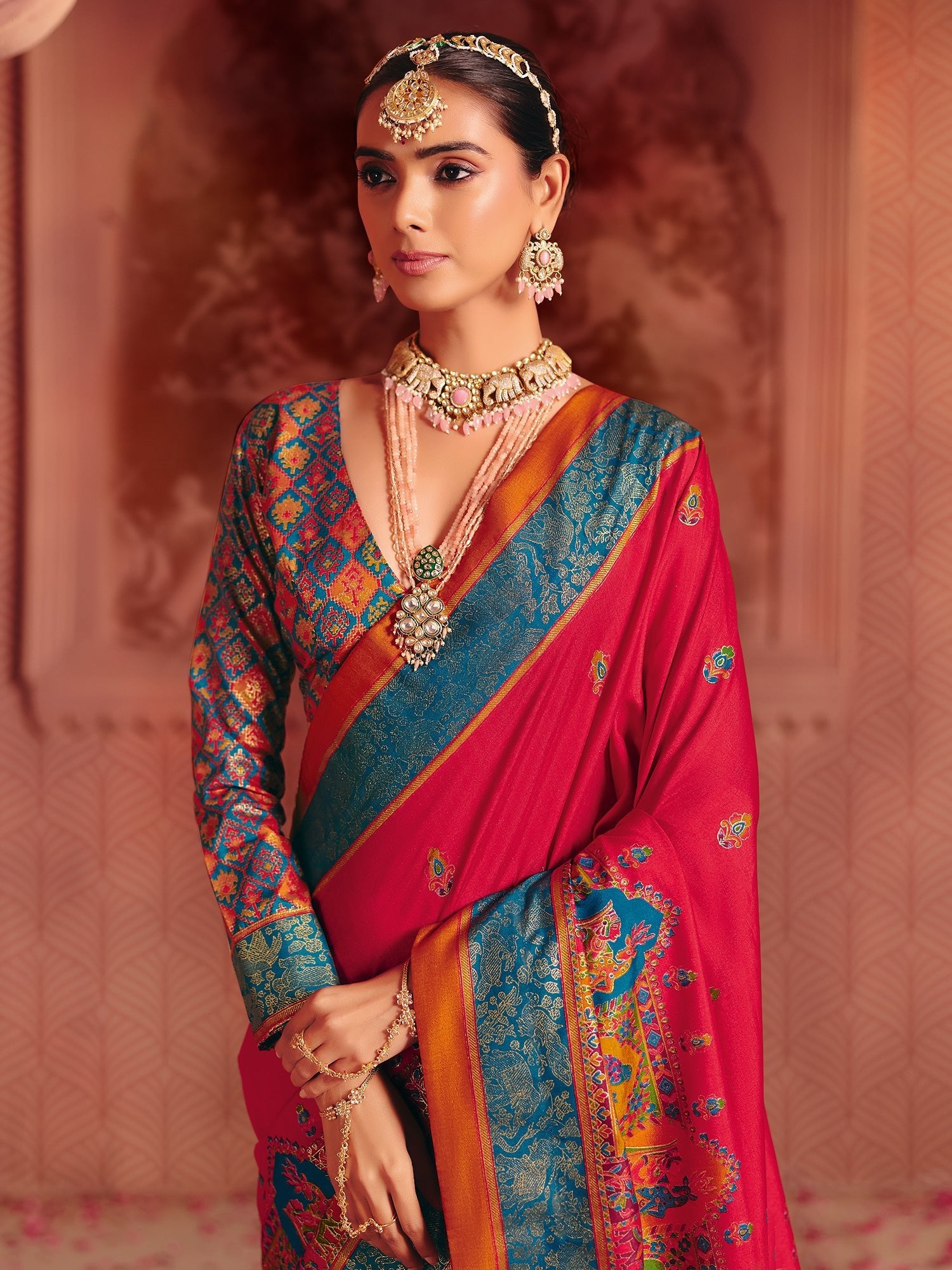 Rani Silk Saree with Meenakari Weave & Contrast Blouse - Ressa