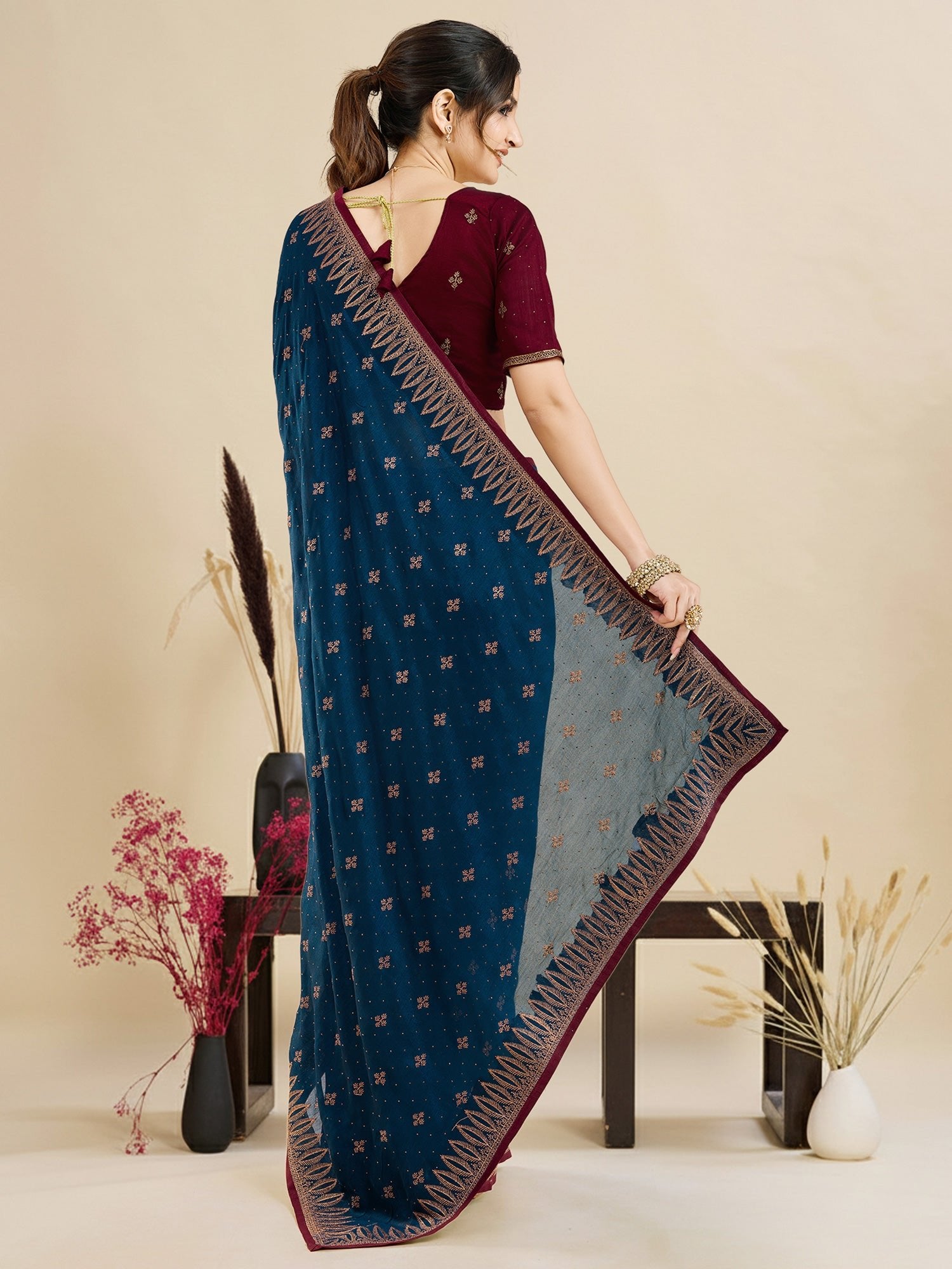 Rani Teal Embroidered Georgette Saree - Ressa