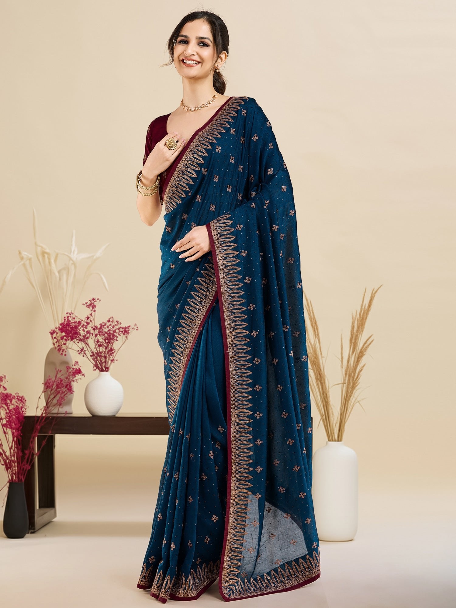 Rani Teal Embroidered Georgette Saree - Ressa