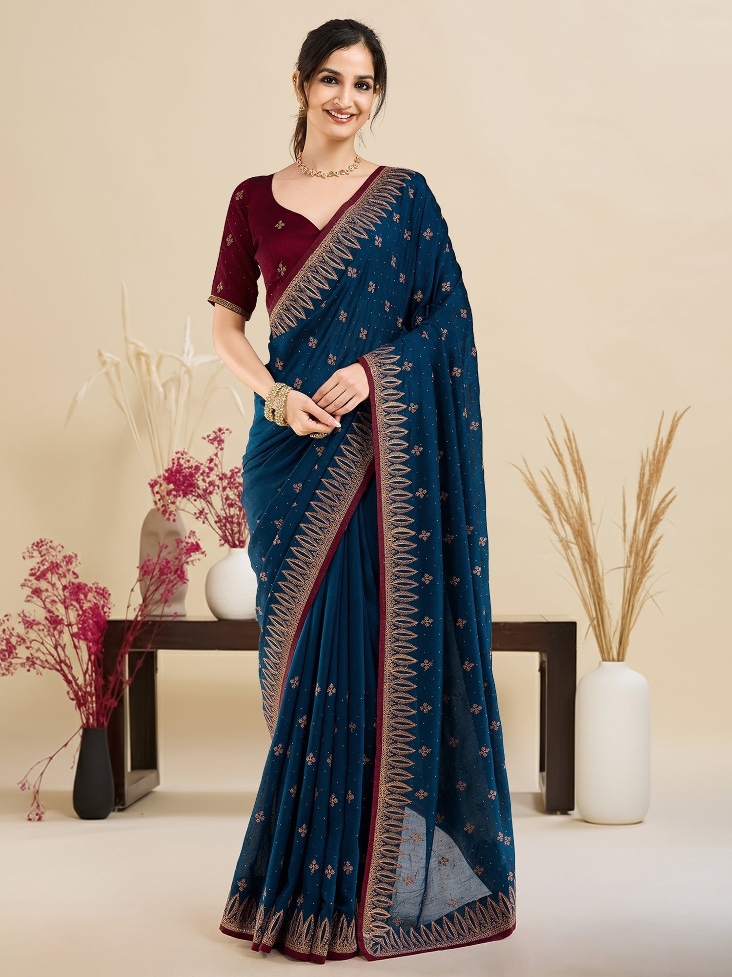 Rani Teal Embroidered Georgette Saree - Ressa