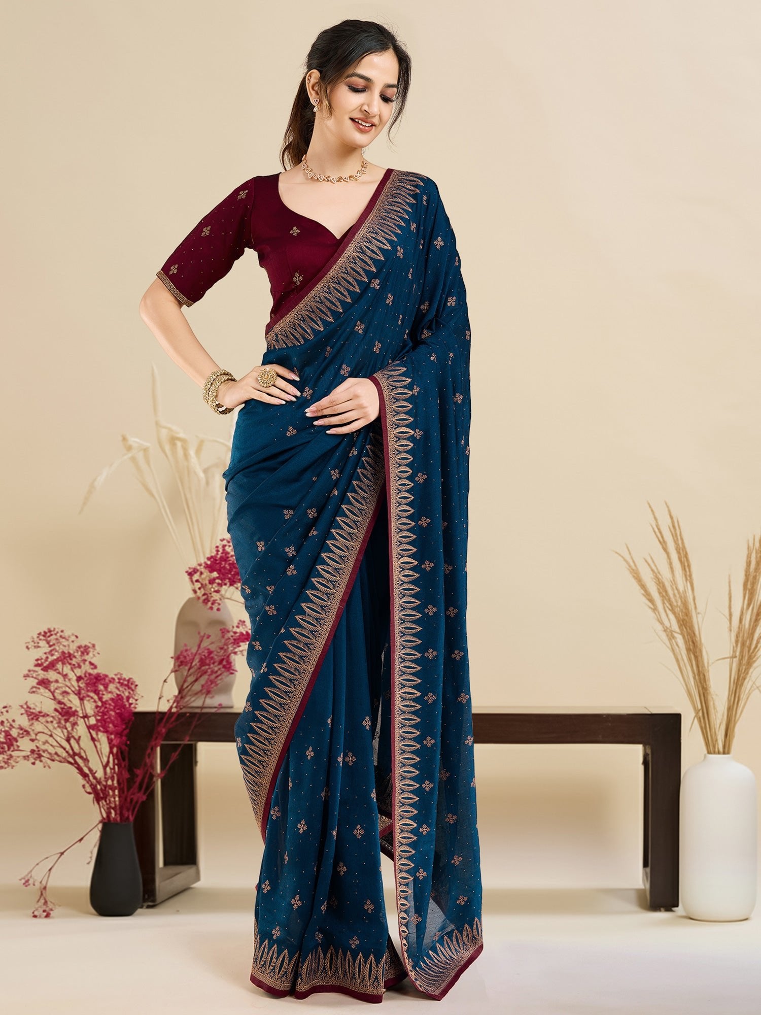 Rani Teal Embroidered Georgette Saree - Ressa