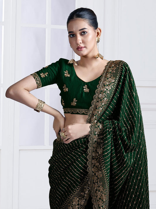Dark Green Vichitra Silk Party Wear Saree - Ressa