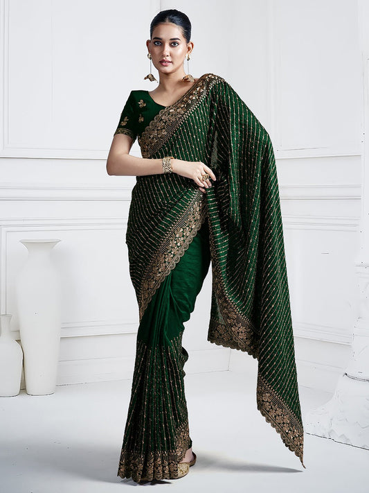 Dark Green Vichitra Silk Party Wear Saree - Ressa