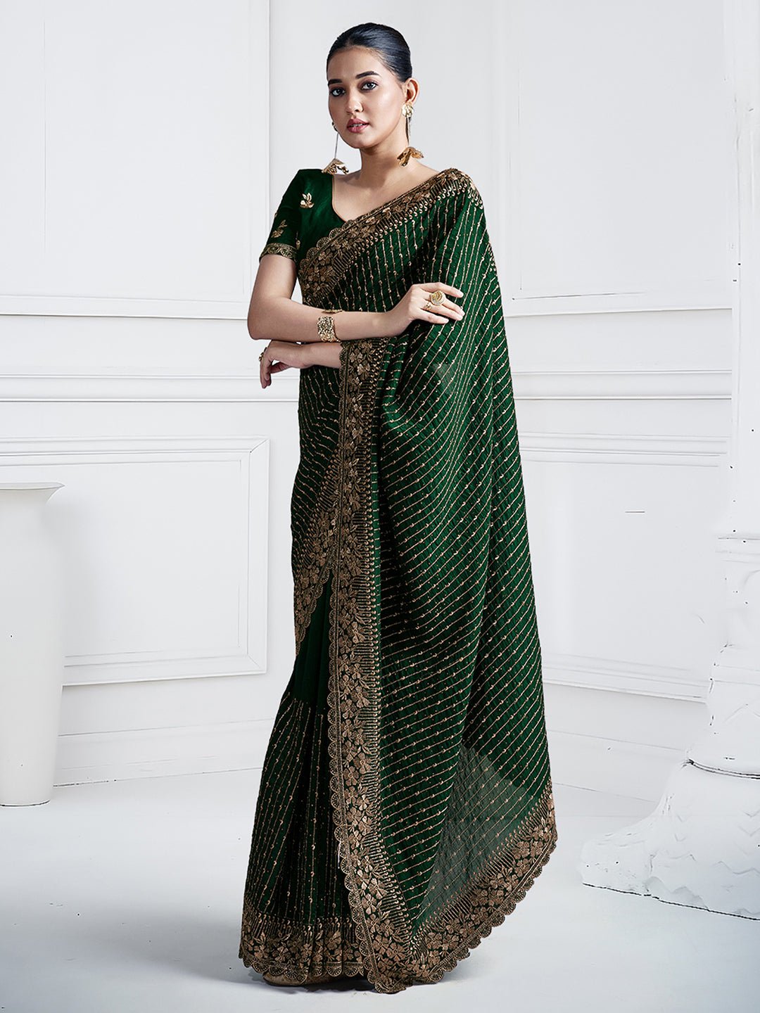 Dark Green Vichitra Silk Party Wear Saree - Ressa