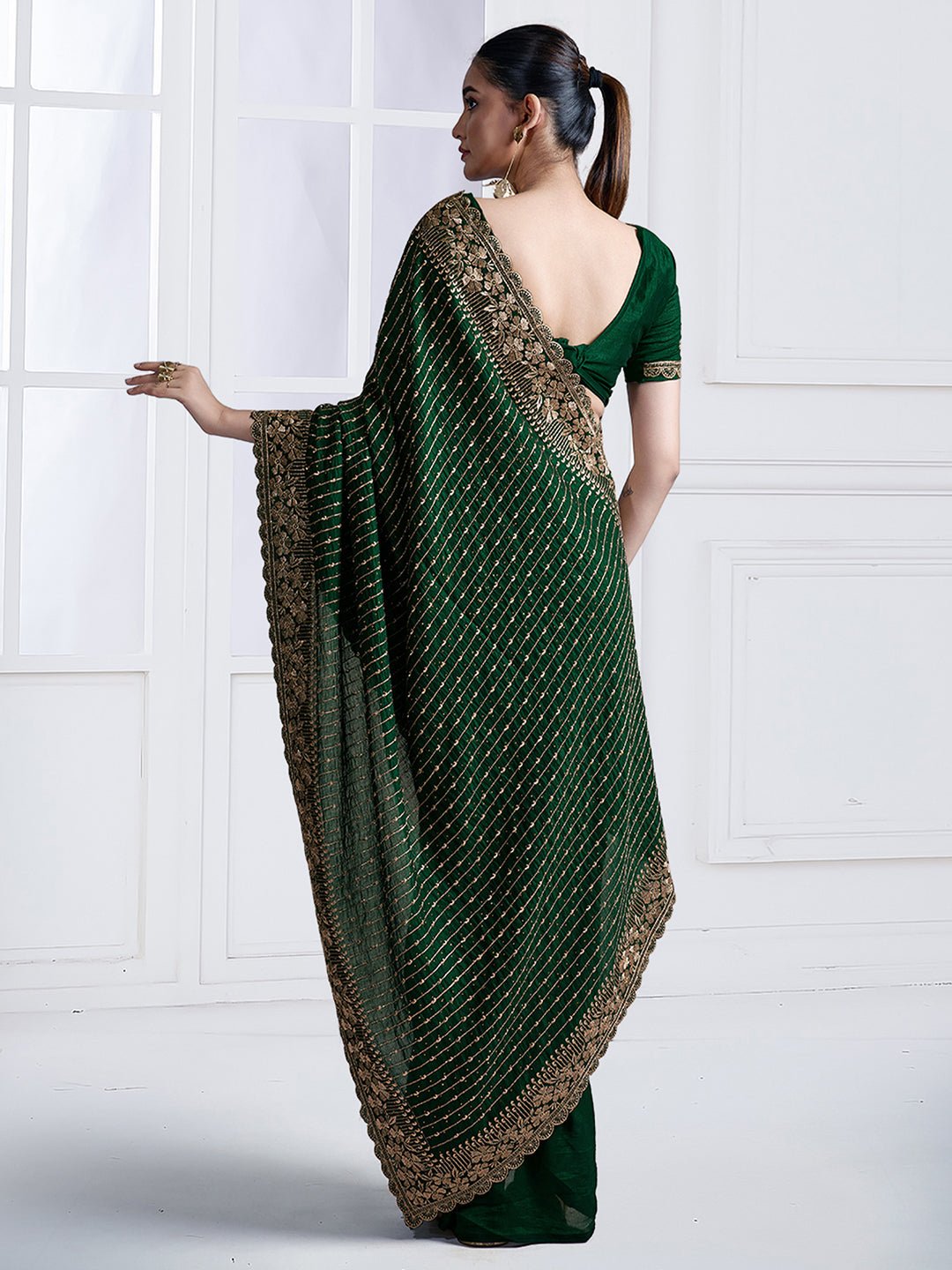 Dark Green Vichitra Silk Party Wear Saree - Ressa
