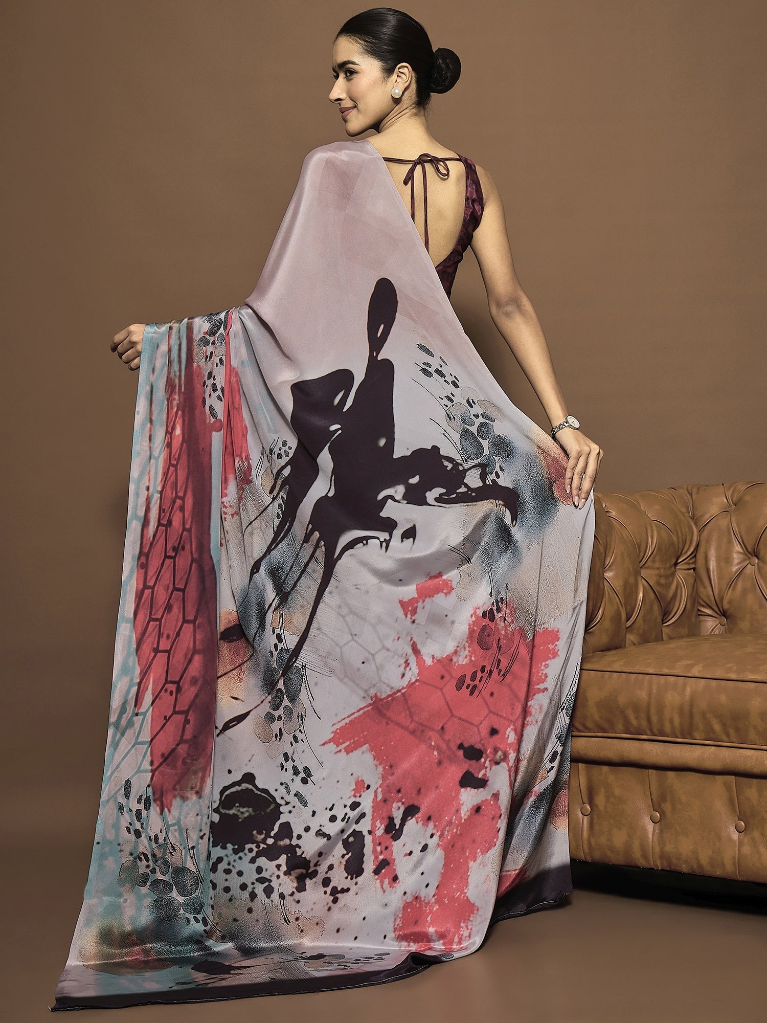 Ready To Wear Abstract Print Satin Silk Saree - Ressa