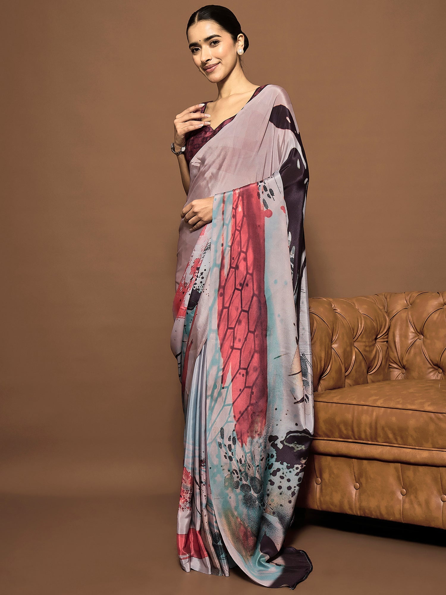 Ready To Wear Abstract Print Satin Silk Saree - Ressa