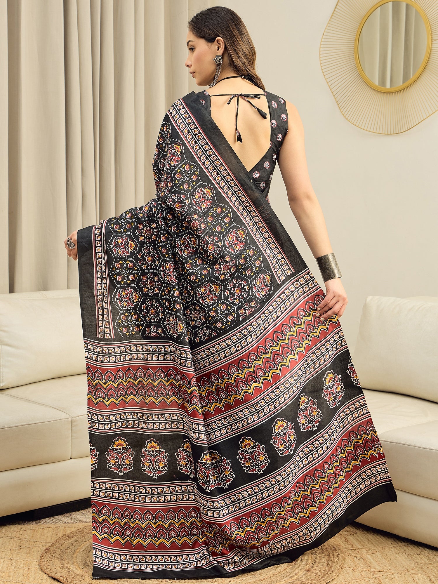 Ready to Wear Black Ajrakh Block Print Silk Saree - Ressa