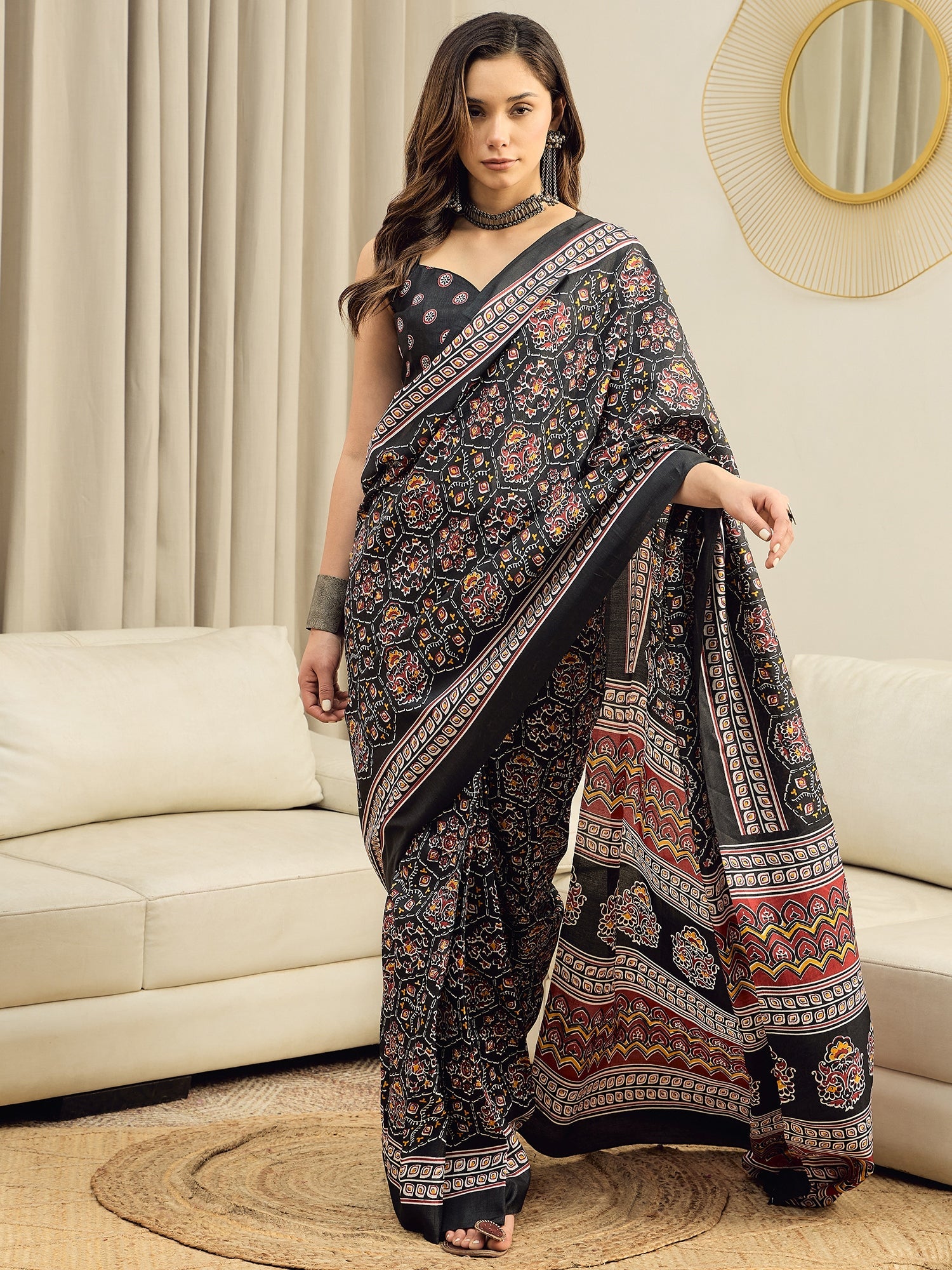 Ready to Wear Black Ajrakh Block Print Silk Saree - Ressa