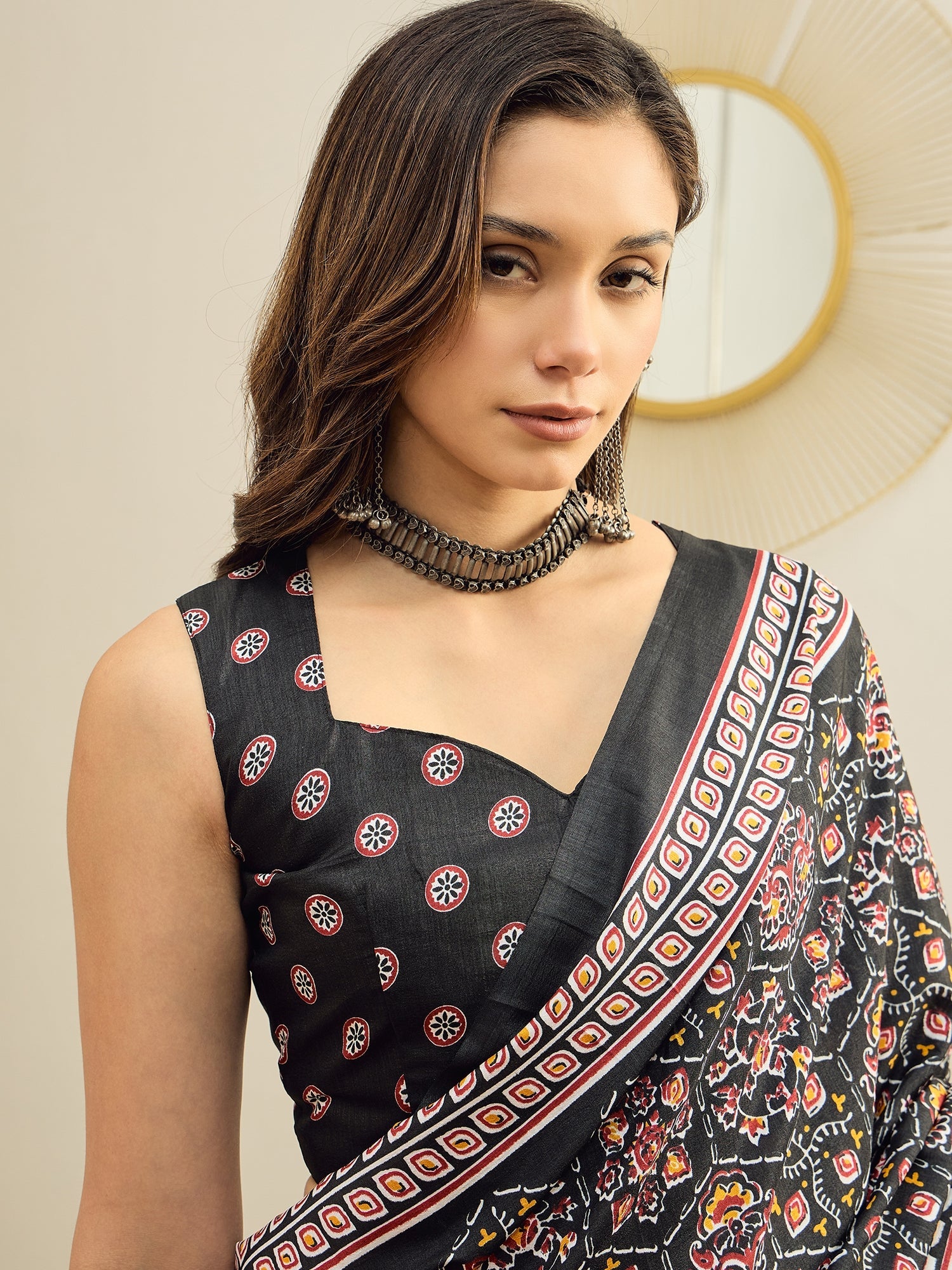 Ready to Wear Black Ajrakh Block Print Silk Saree - Ressa