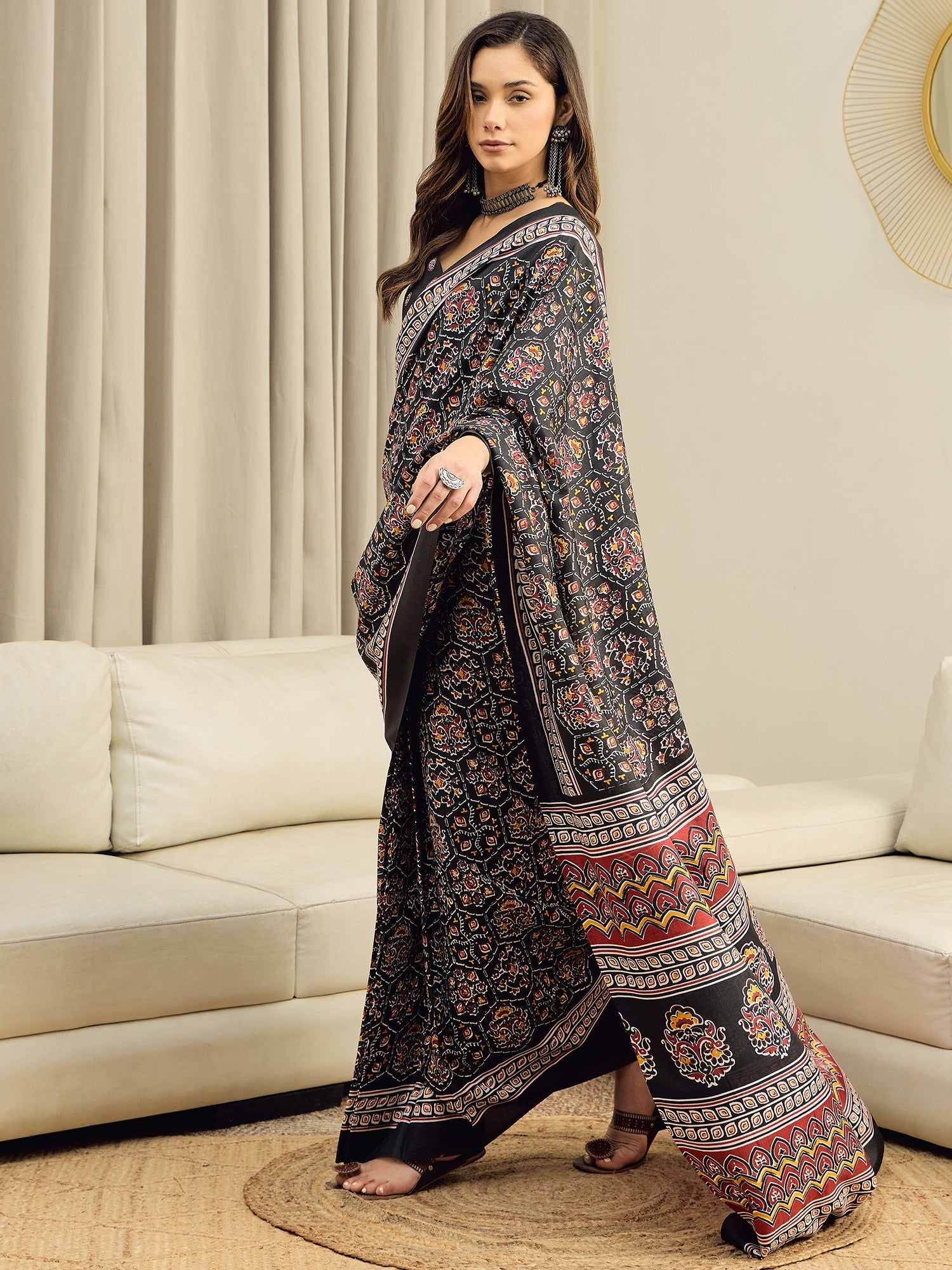 Ready to Wear Black Ajrakh Block Print Silk Saree - Ressa