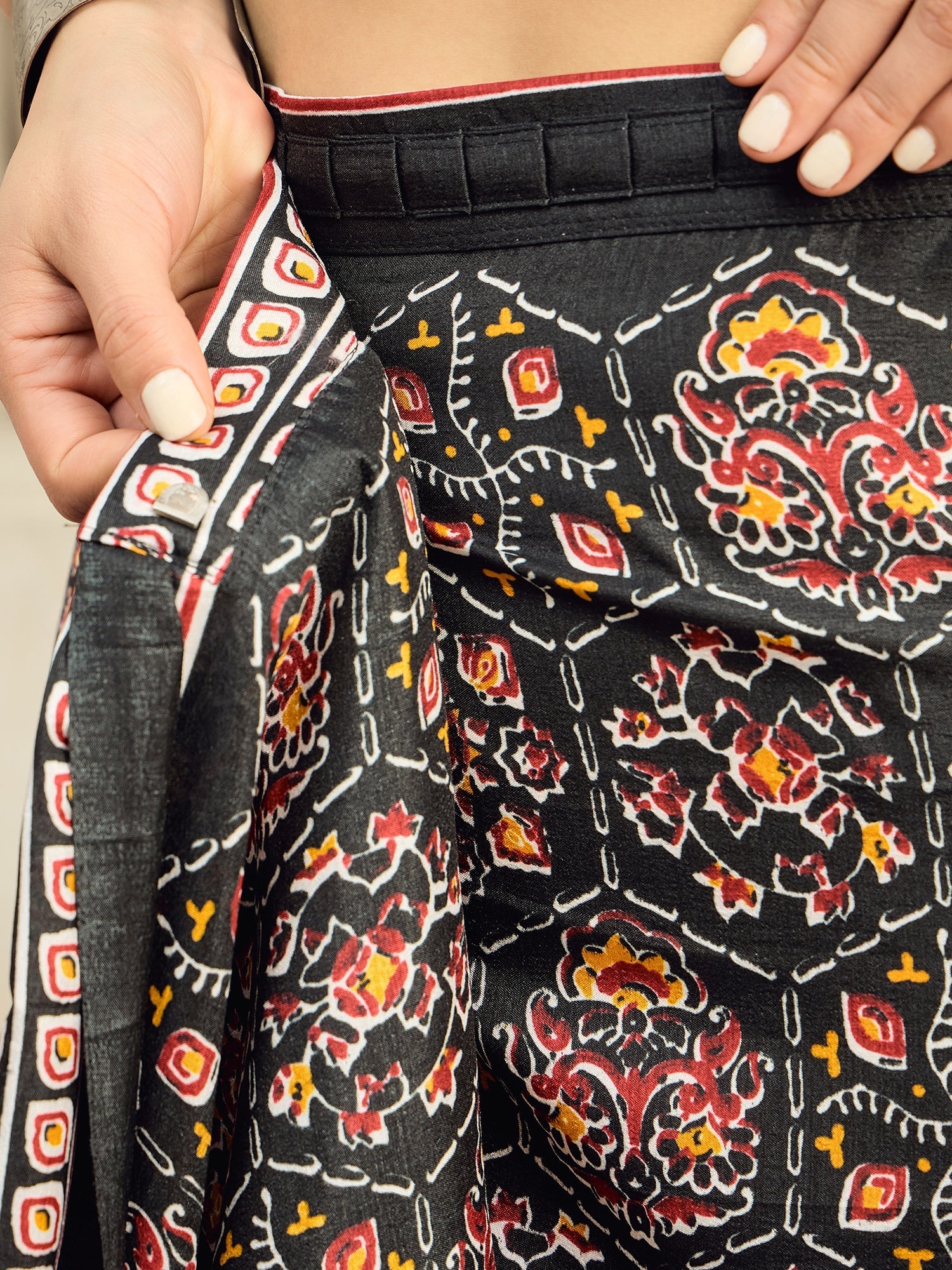 Ready to Wear Black Ajrakh Block Print Silk Saree - Ressa