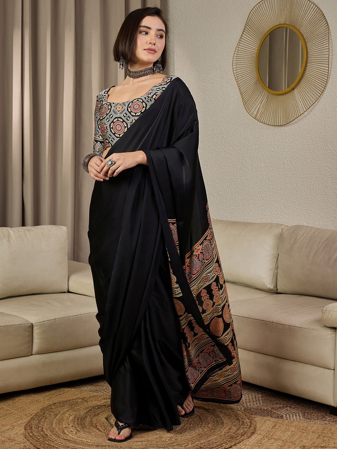 Ready To Wear Black Ajrakh Print Satin Saree - Ressa