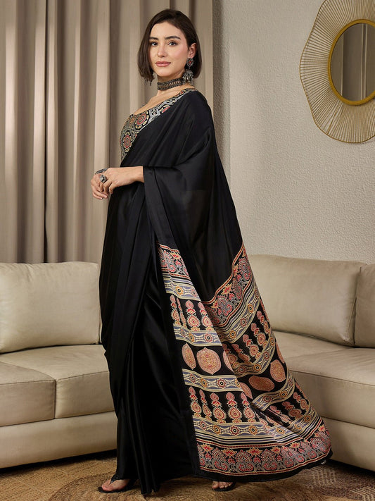 Ready To Wear Black Ajrakh Print Satin Saree - Ressa