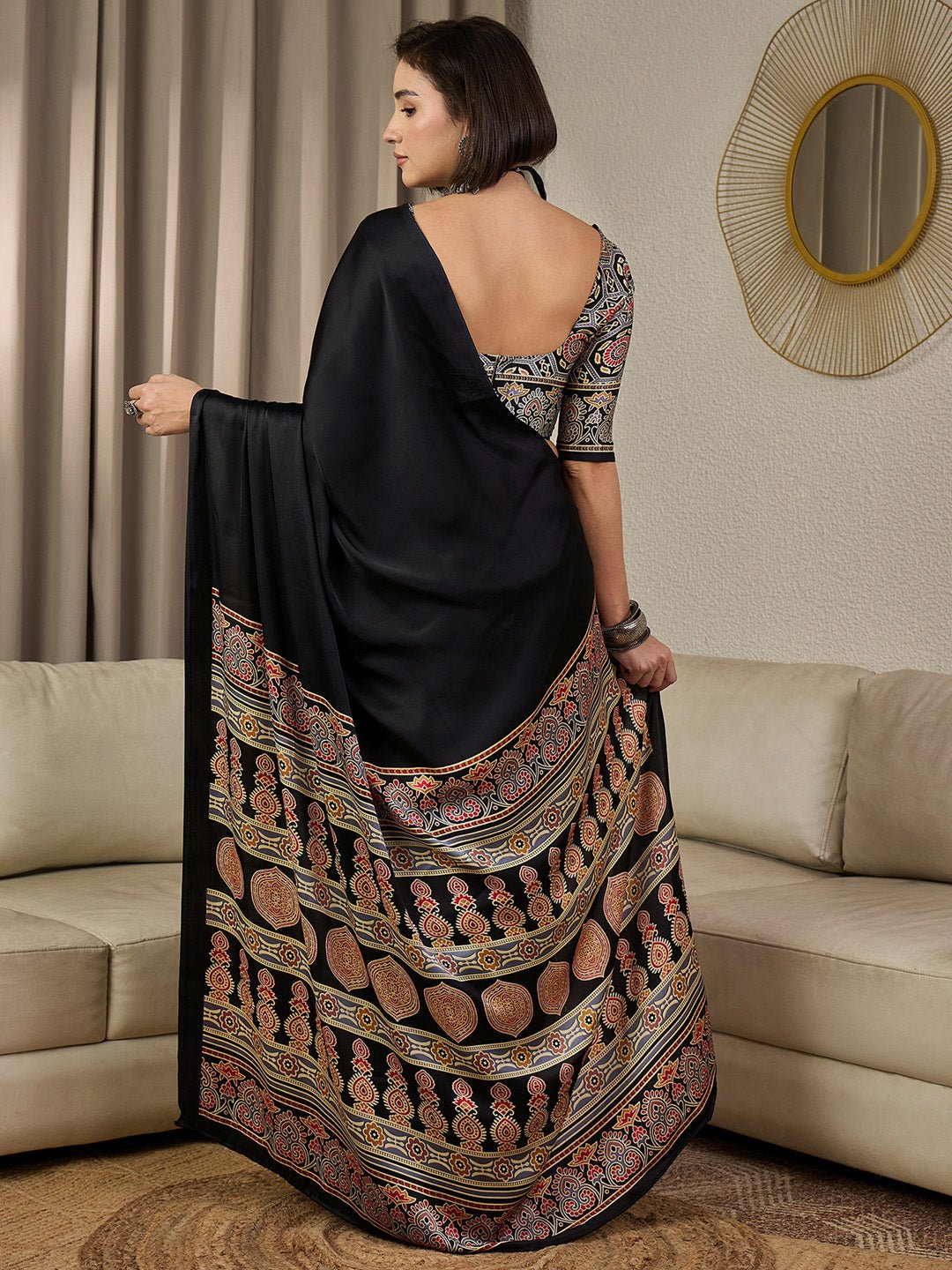Ready To Wear Black Ajrakh Print Satin Saree - Ressa