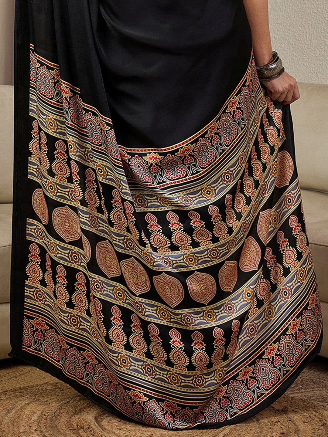 Ready To Wear Black Ajrakh Print Satin Saree - Ressa