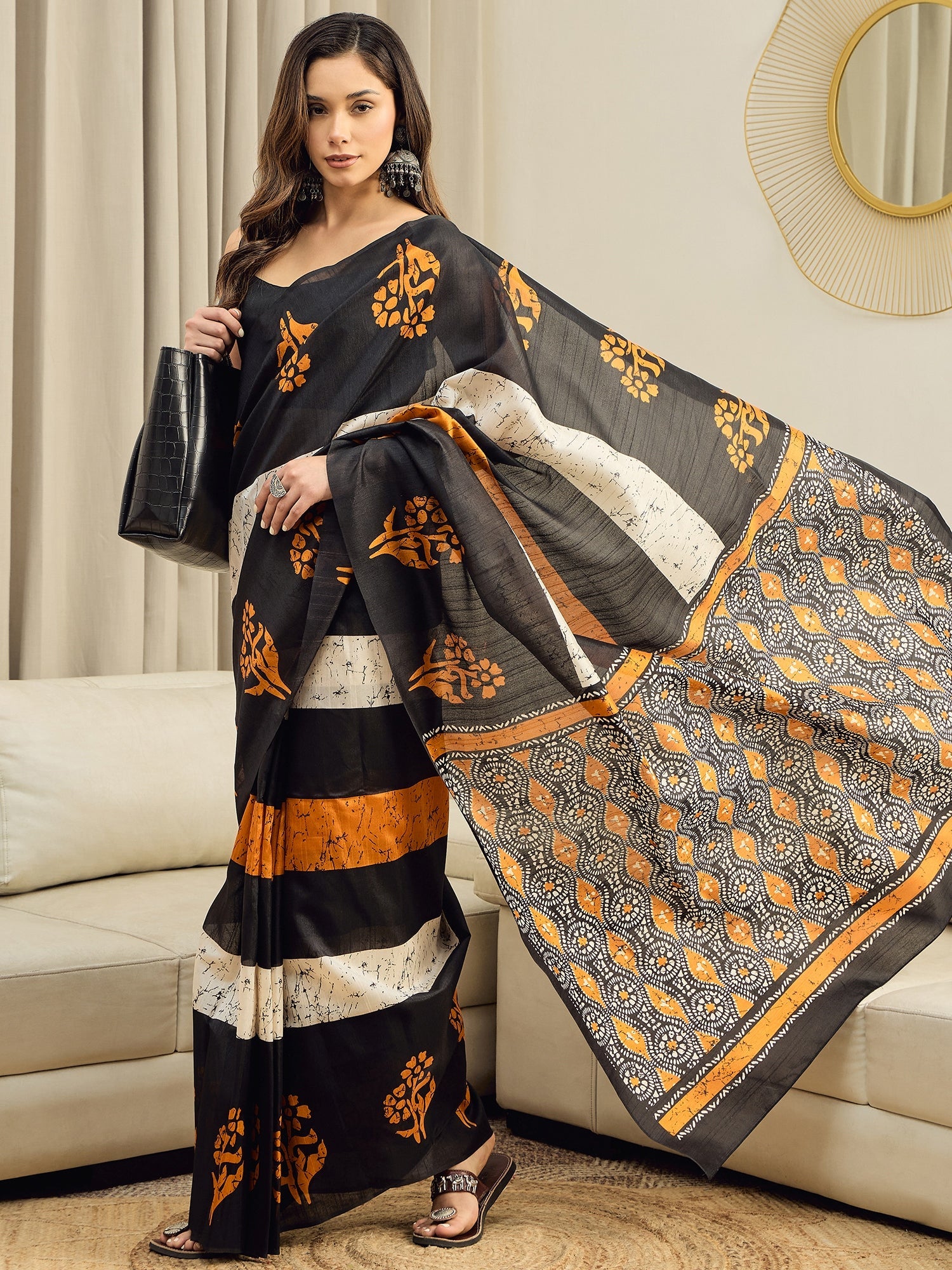 Ready to Wear Black Batik Print Cotton Blend Saree - Ressa
