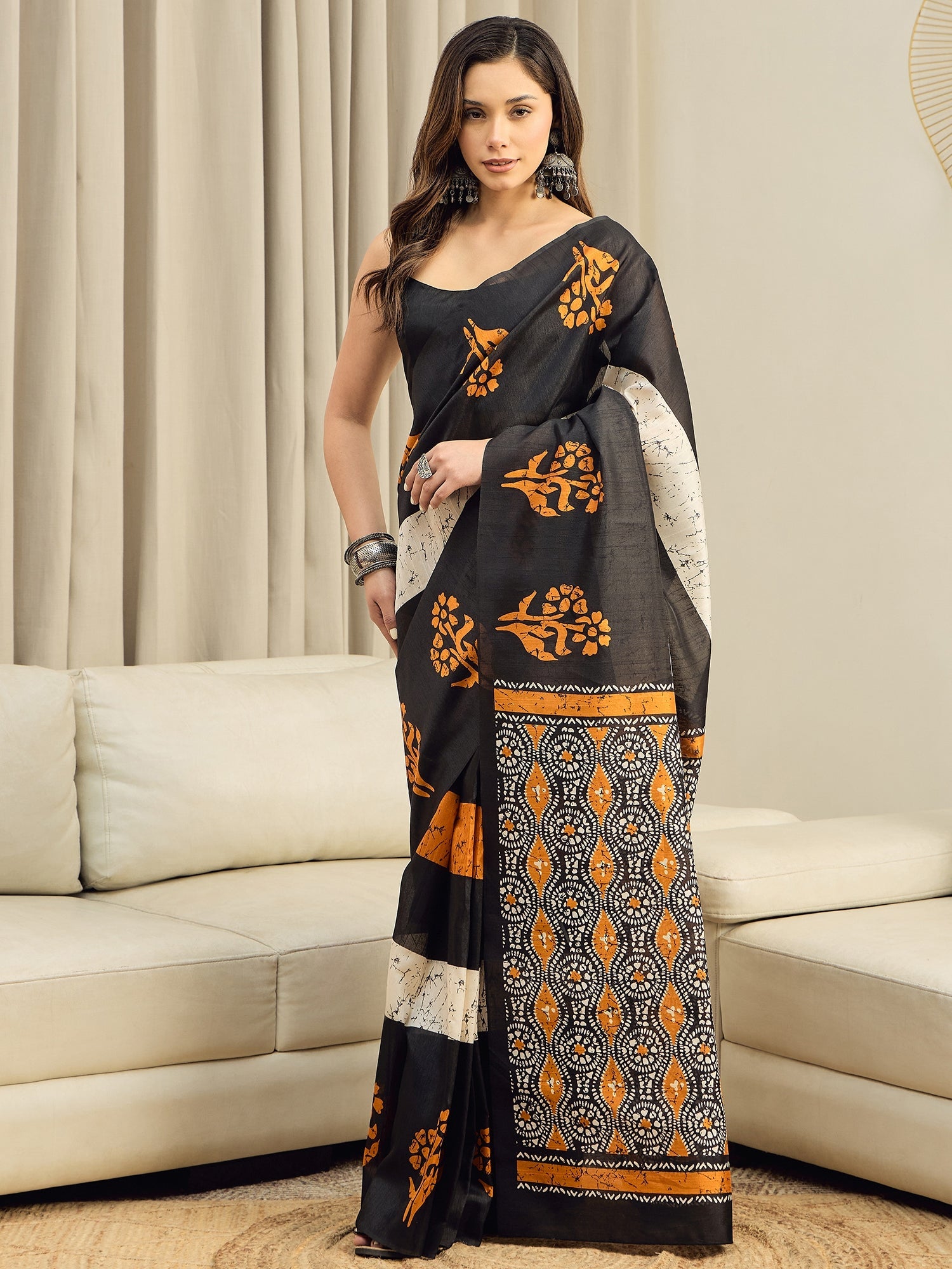 Ready to Wear Black Batik Print Cotton Blend Saree - Ressa