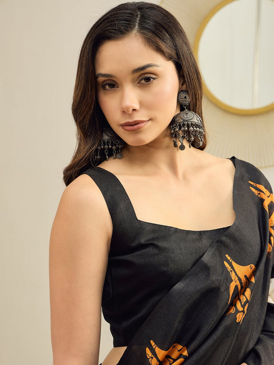 Ready to Wear Black Batik Print Cotton Blend Saree - Ressa
