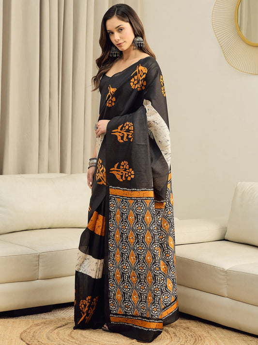 Ready to Wear Black Batik Print Cotton Blend Saree - Ressa