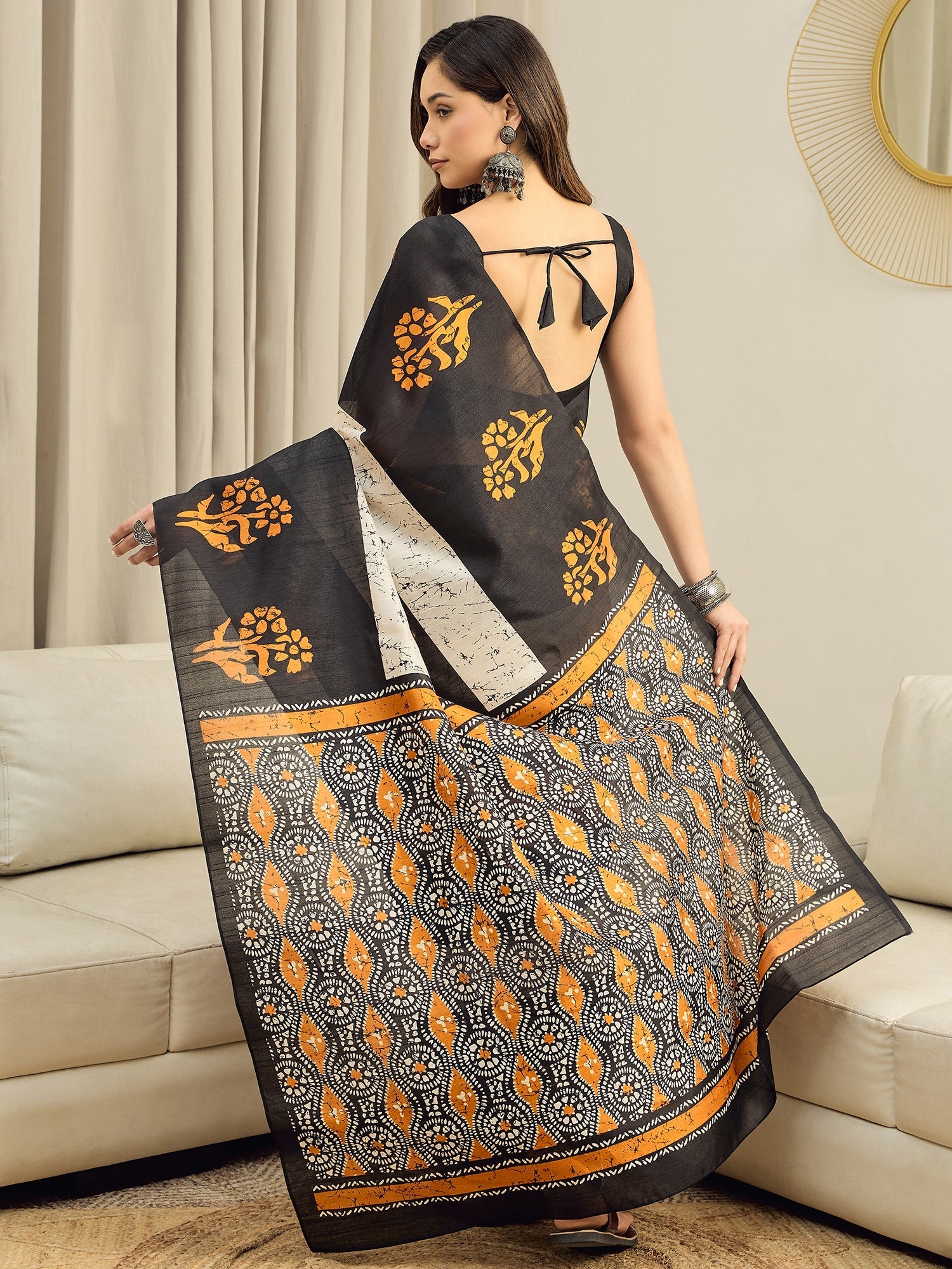 Ready to Wear Black Batik Print Cotton Blend Saree - Ressa