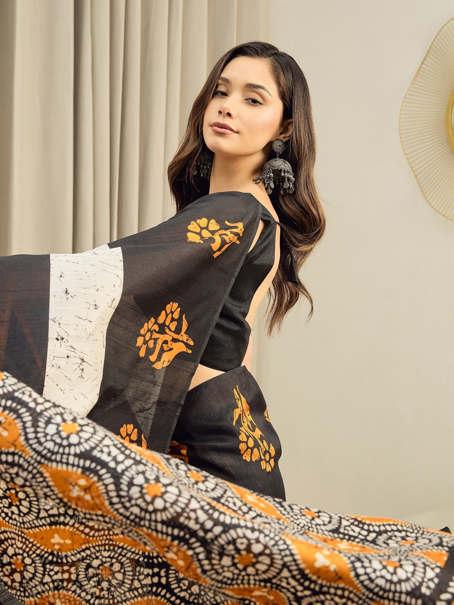 Ready to Wear Black Batik Print Cotton Blend Saree - Ressa