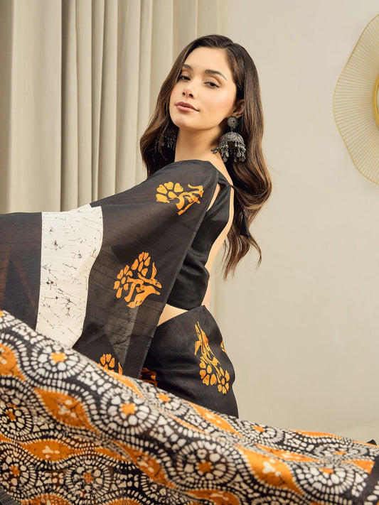 Ready to Wear Black Batik Print Cotton Blend Saree - Ressa