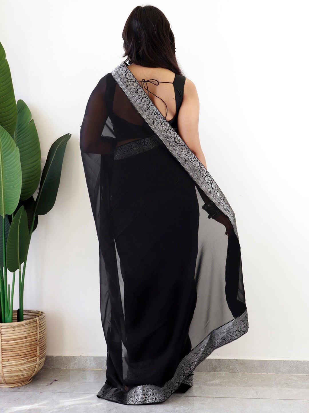 Ready to Wear Black Georgette Solid Saree - Ressa
